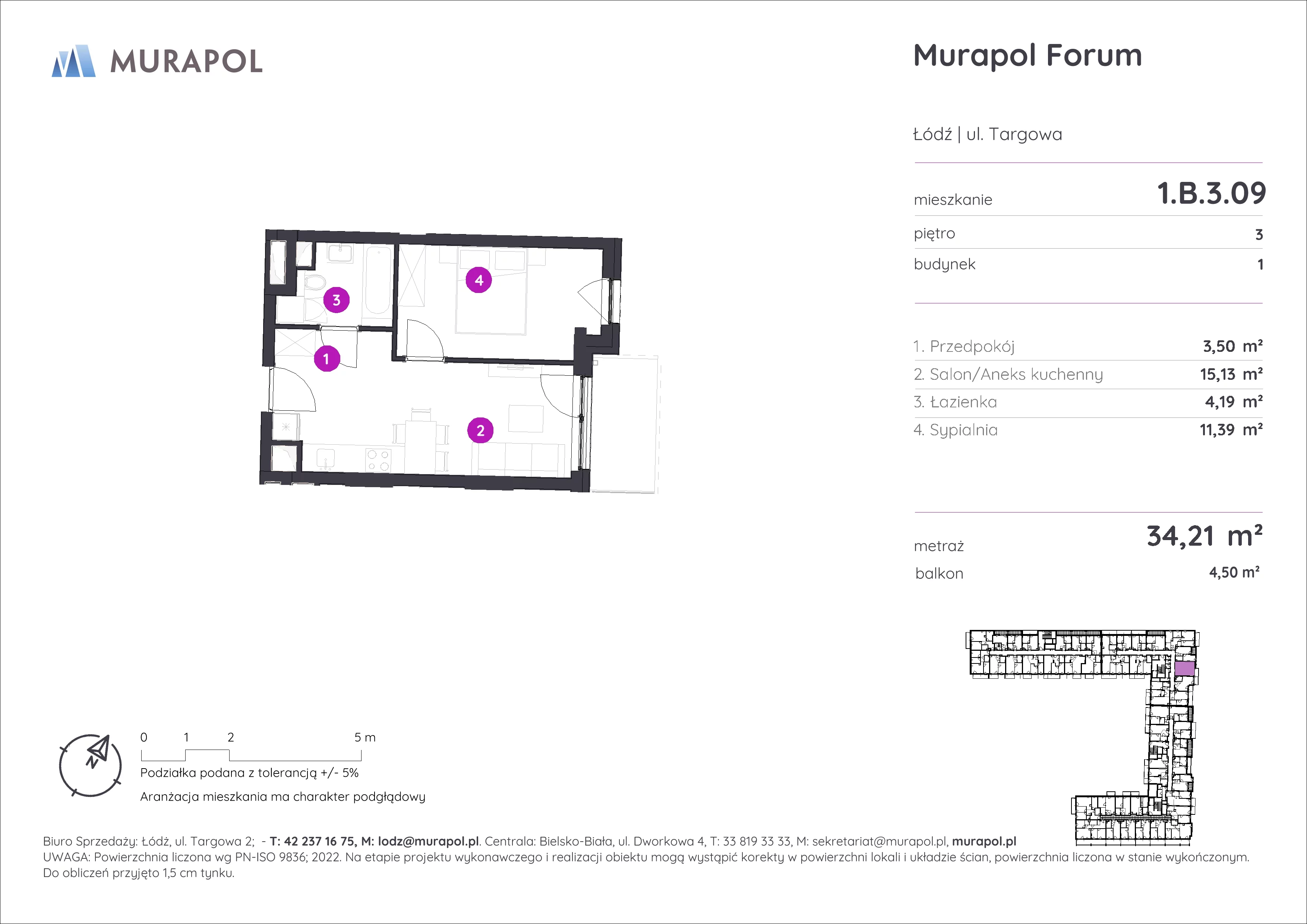 2 pokoje, mieszkanie 34,21 m², piętro 3, oferta nr 1.B.3.09, Murapol Forum, Łódź, Śródmieście, ul. Targowa