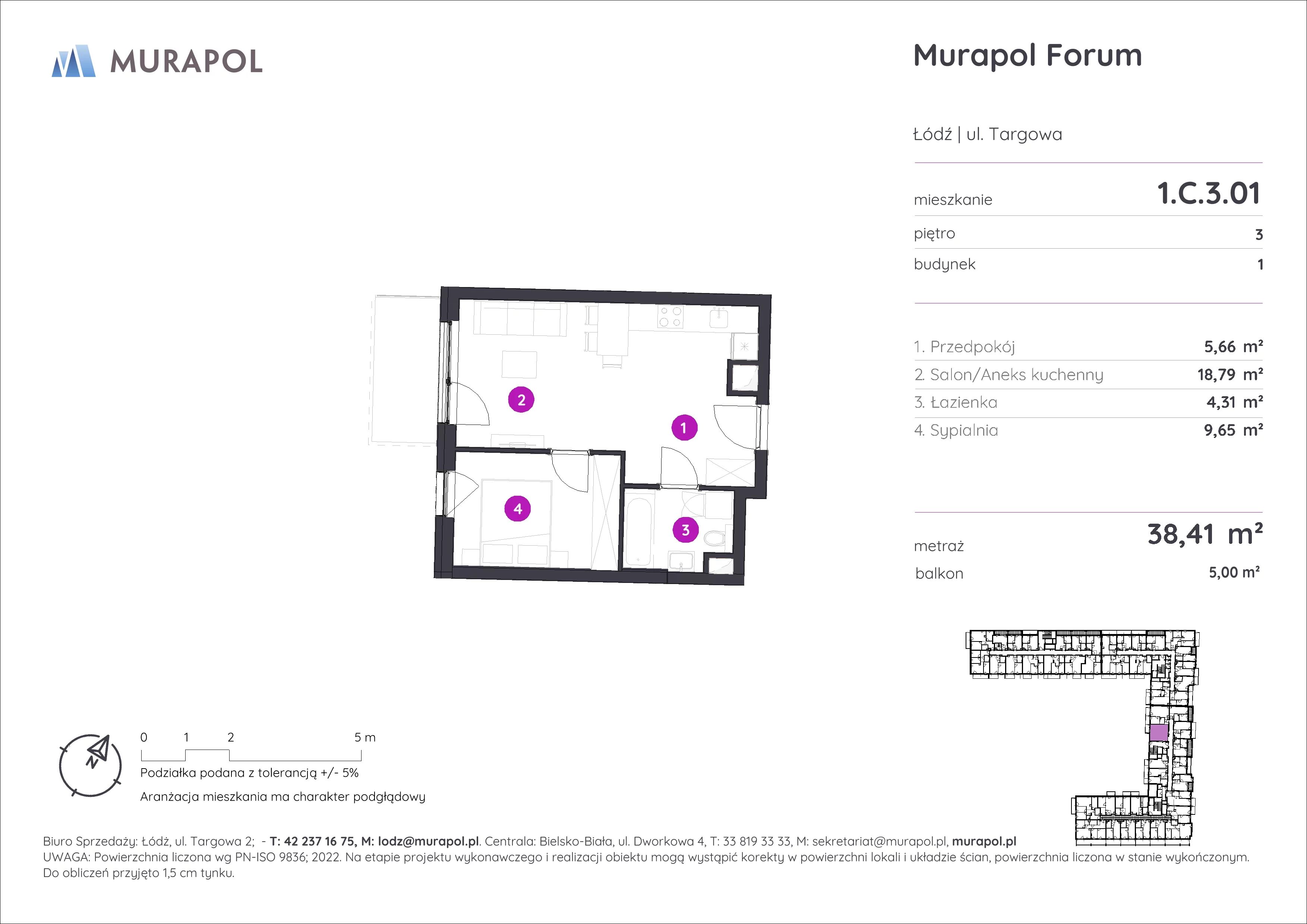 2 pokoje, mieszkanie 38,41 m², piętro 3, oferta nr 1.C.3.01, Murapol Forum, Łódź, Śródmieście, ul. Targowa