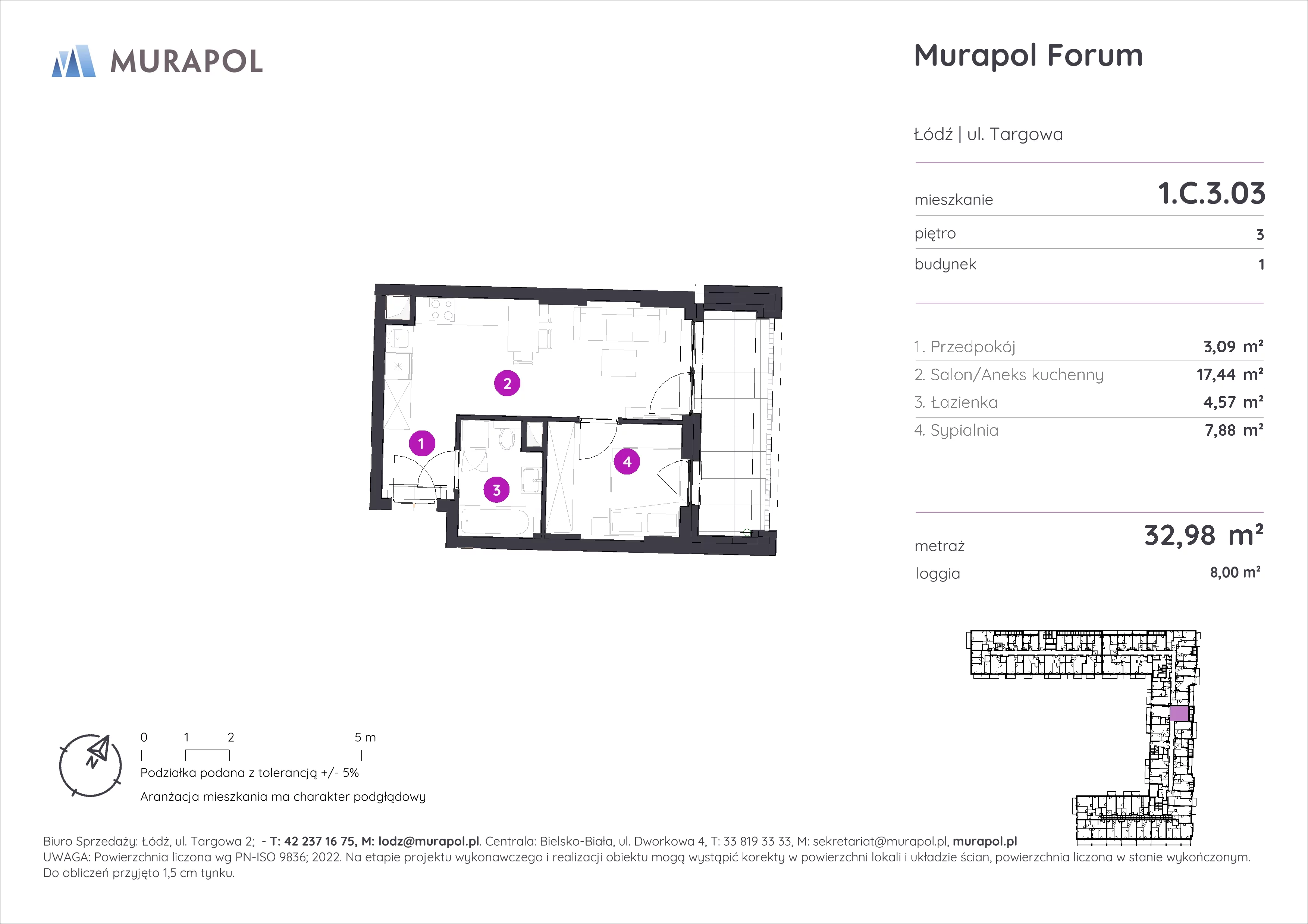 2 pokoje, mieszkanie 32,98 m², piętro 3, oferta nr 1.C.3.03, Murapol Forum, Łódź, Śródmieście, ul. Targowa