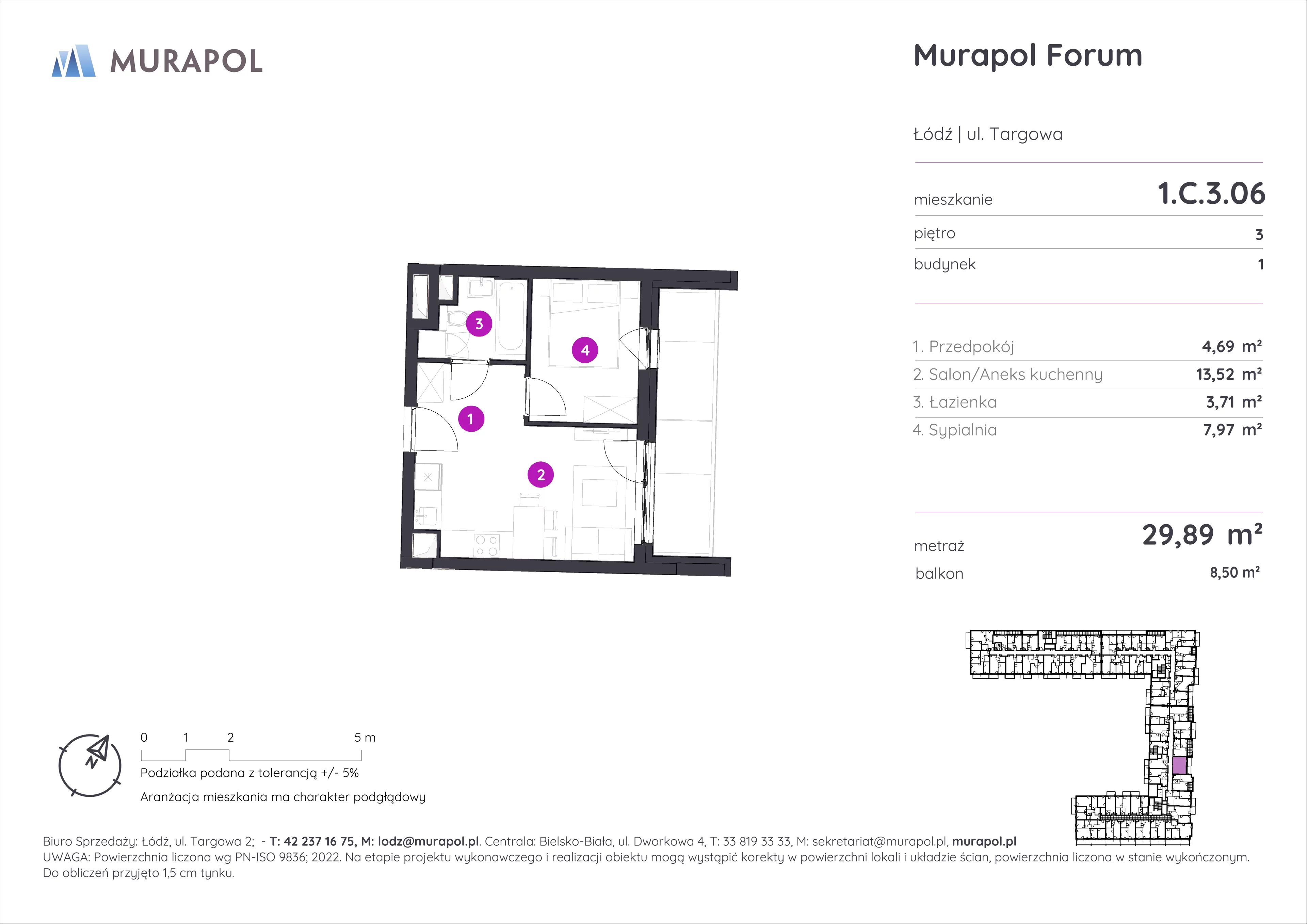 2 pokoje, mieszkanie 29,89 m², piętro 3, oferta nr 1.C.3.06, Murapol Forum, Łódź, Śródmieście, ul. Targowa