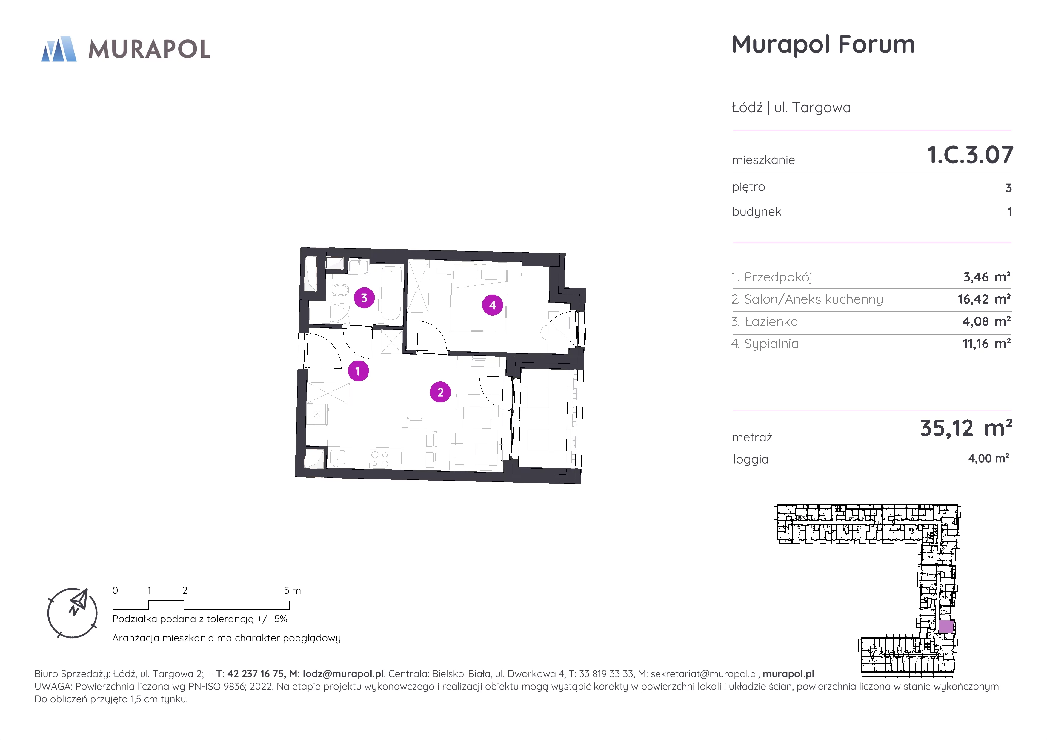 2 pokoje, mieszkanie 35,12 m², piętro 3, oferta nr 1.C.3.07, Murapol Forum, Łódź, Śródmieście, ul. Targowa