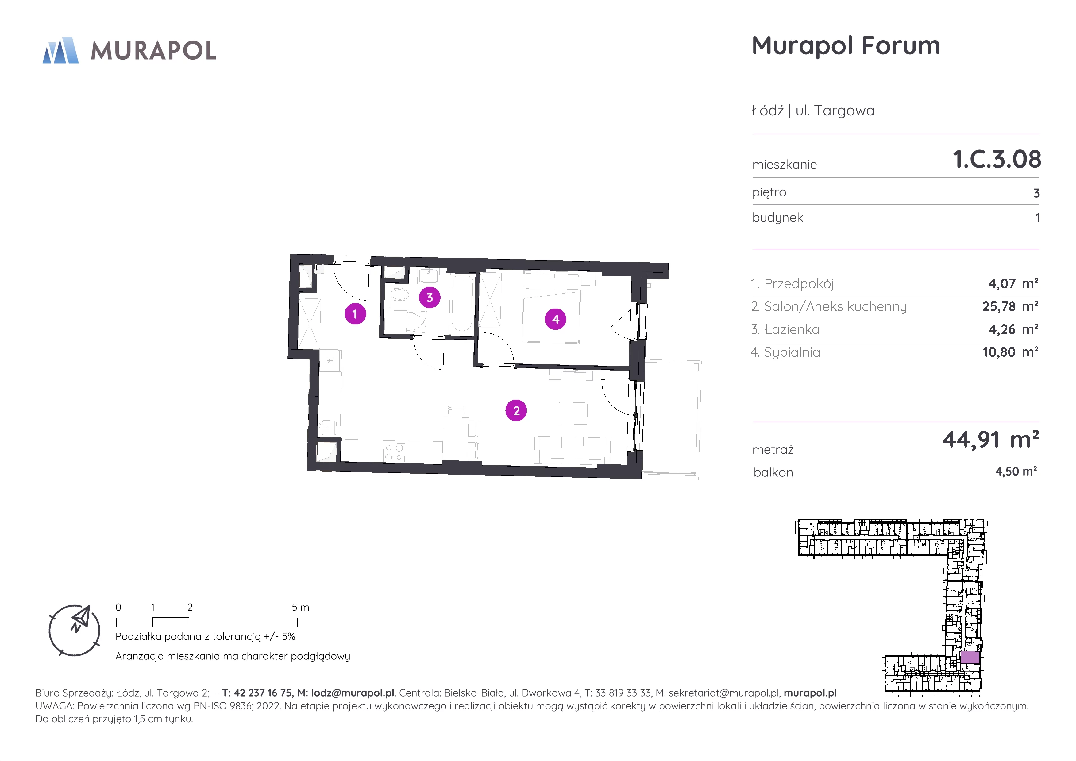 2 pokoje, mieszkanie 44,91 m², piętro 3, oferta nr 1.C.3.08, Murapol Forum, Łódź, Śródmieście, ul. Targowa