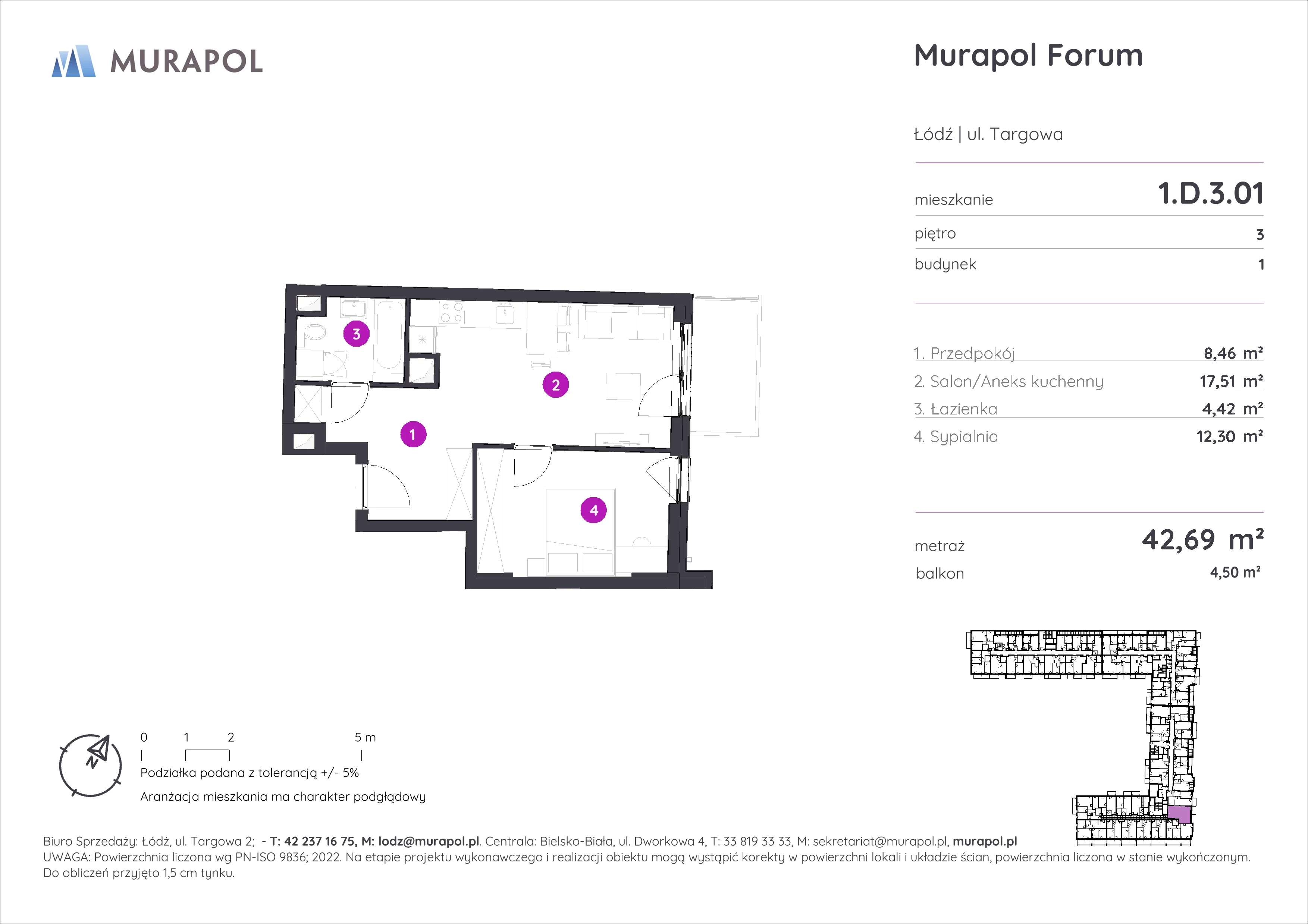 2 pokoje, mieszkanie 42,69 m², piętro 3, oferta nr 1.D.3.01, Murapol Forum, Łódź, Śródmieście, ul. Targowa