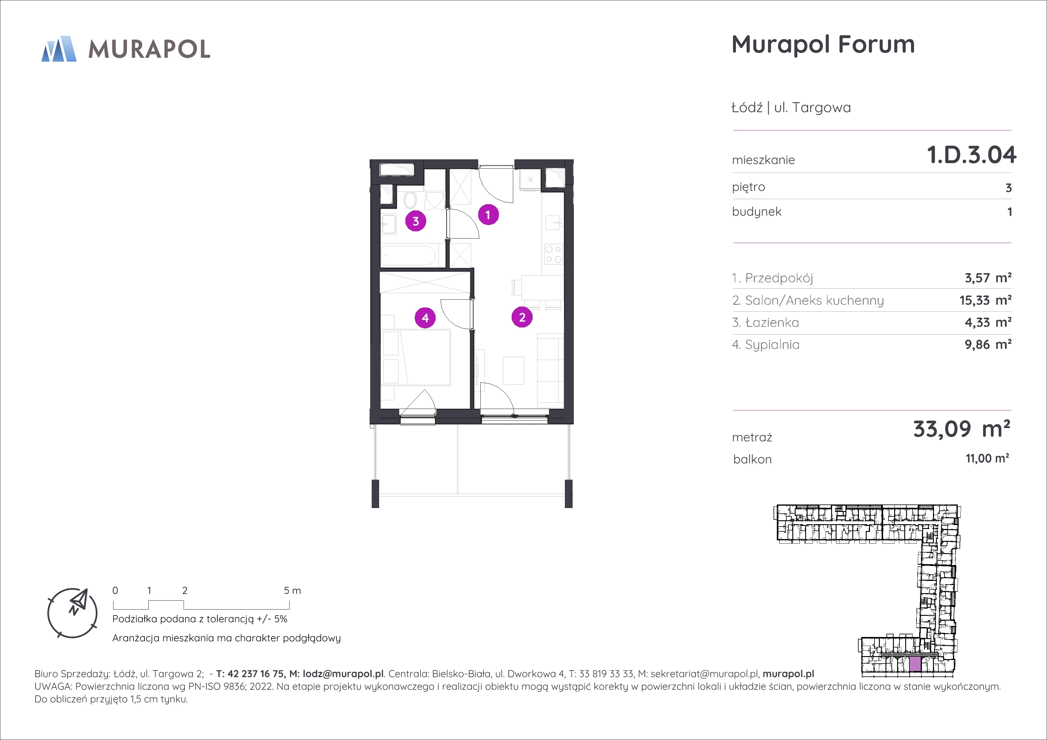 2 pokoje, mieszkanie 33,09 m², piętro 3, oferta nr 1.D.3.04, Murapol Forum, Łódź, Śródmieście, ul. Targowa