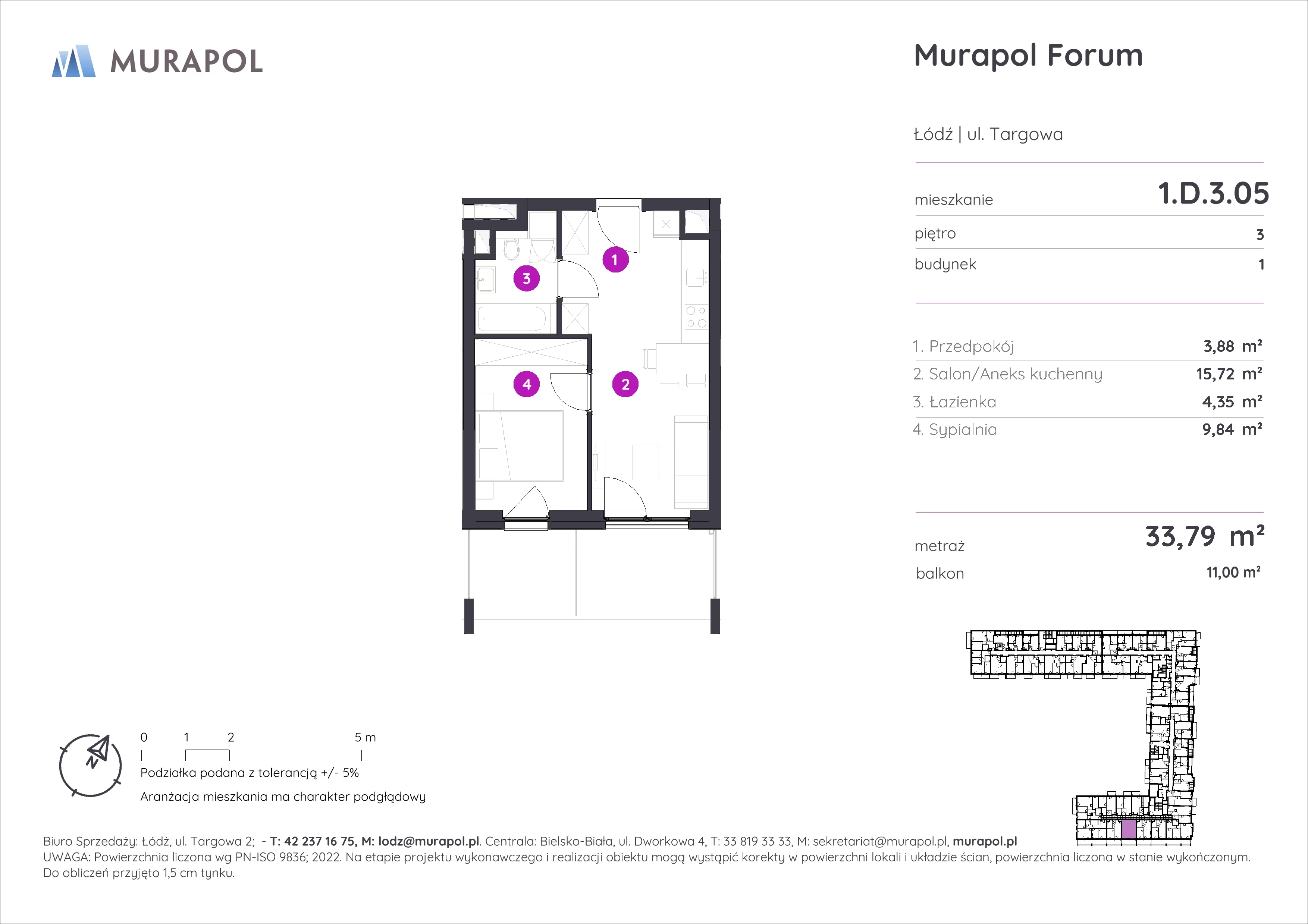 2 pokoje, mieszkanie 33,79 m², piętro 3, oferta nr 1.D.3.05, Murapol Forum, Łódź, Śródmieście, ul. Targowa
