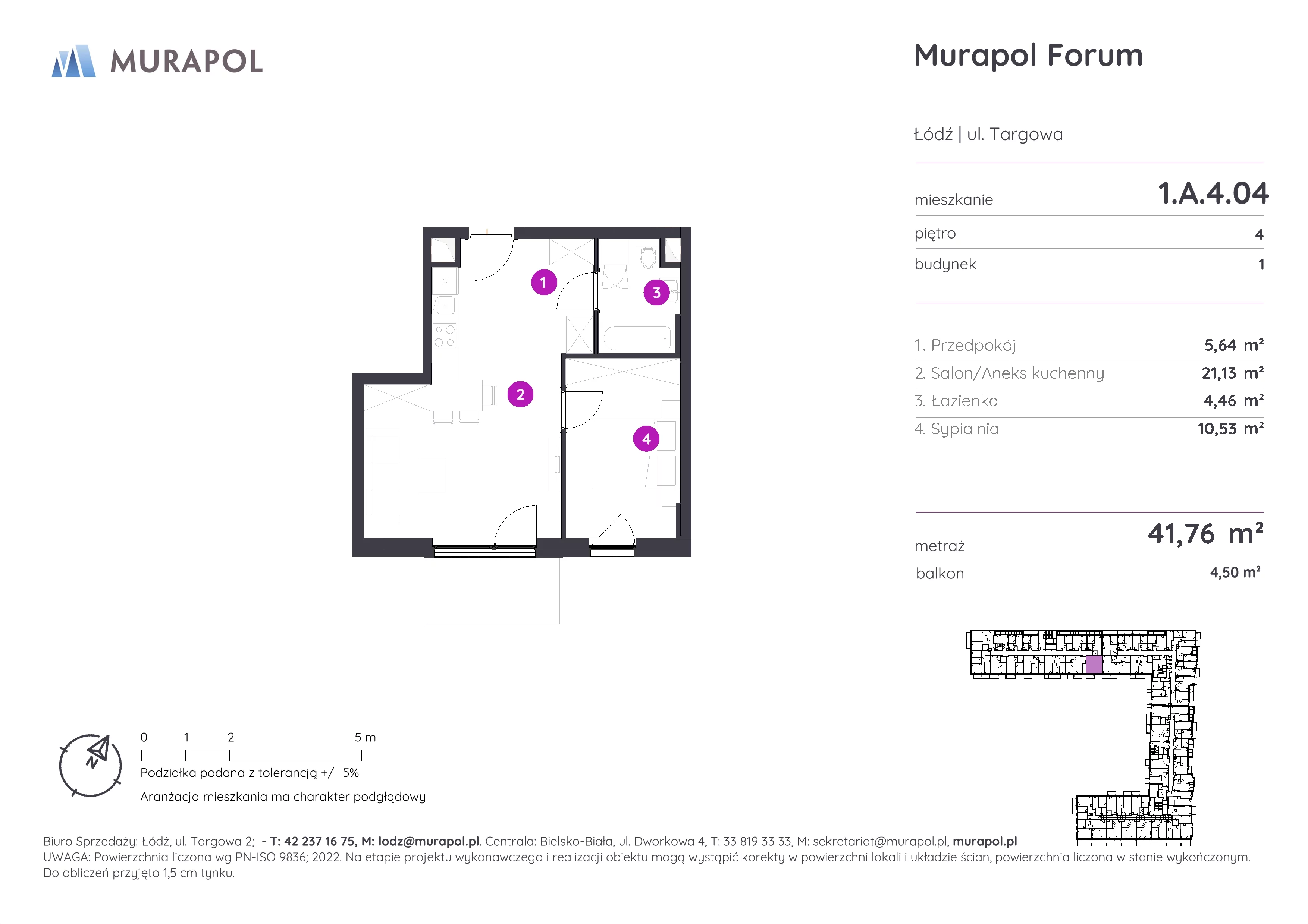 2 pokoje, mieszkanie 41,76 m², piętro 4, oferta nr 1.A.4.04, Murapol Forum, Łódź, Śródmieście, ul. Targowa