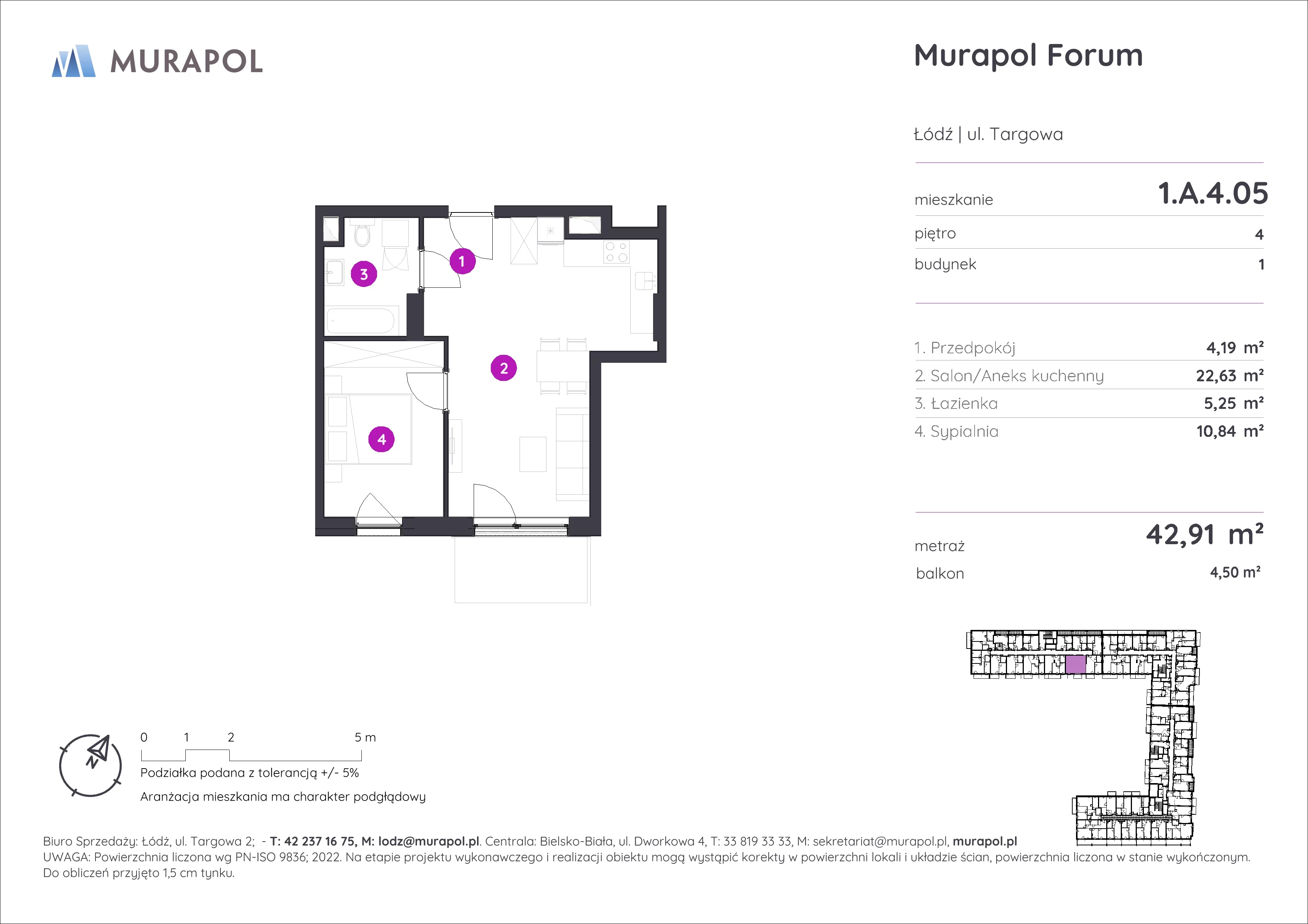 2 pokoje, mieszkanie 42,91 m², piętro 4, oferta nr 1.A.4.05, Murapol Forum, Łódź, Śródmieście, ul. Targowa