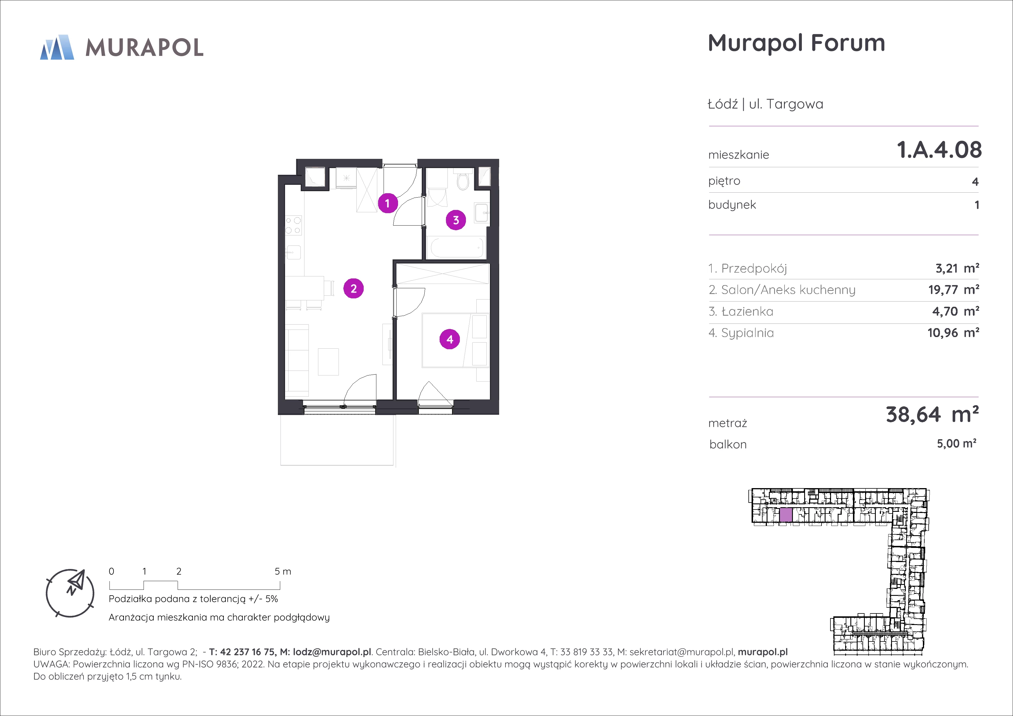 2 pokoje, mieszkanie 38,64 m², piętro 4, oferta nr 1.A.4.08, Murapol Forum, Łódź, Śródmieście, ul. Targowa