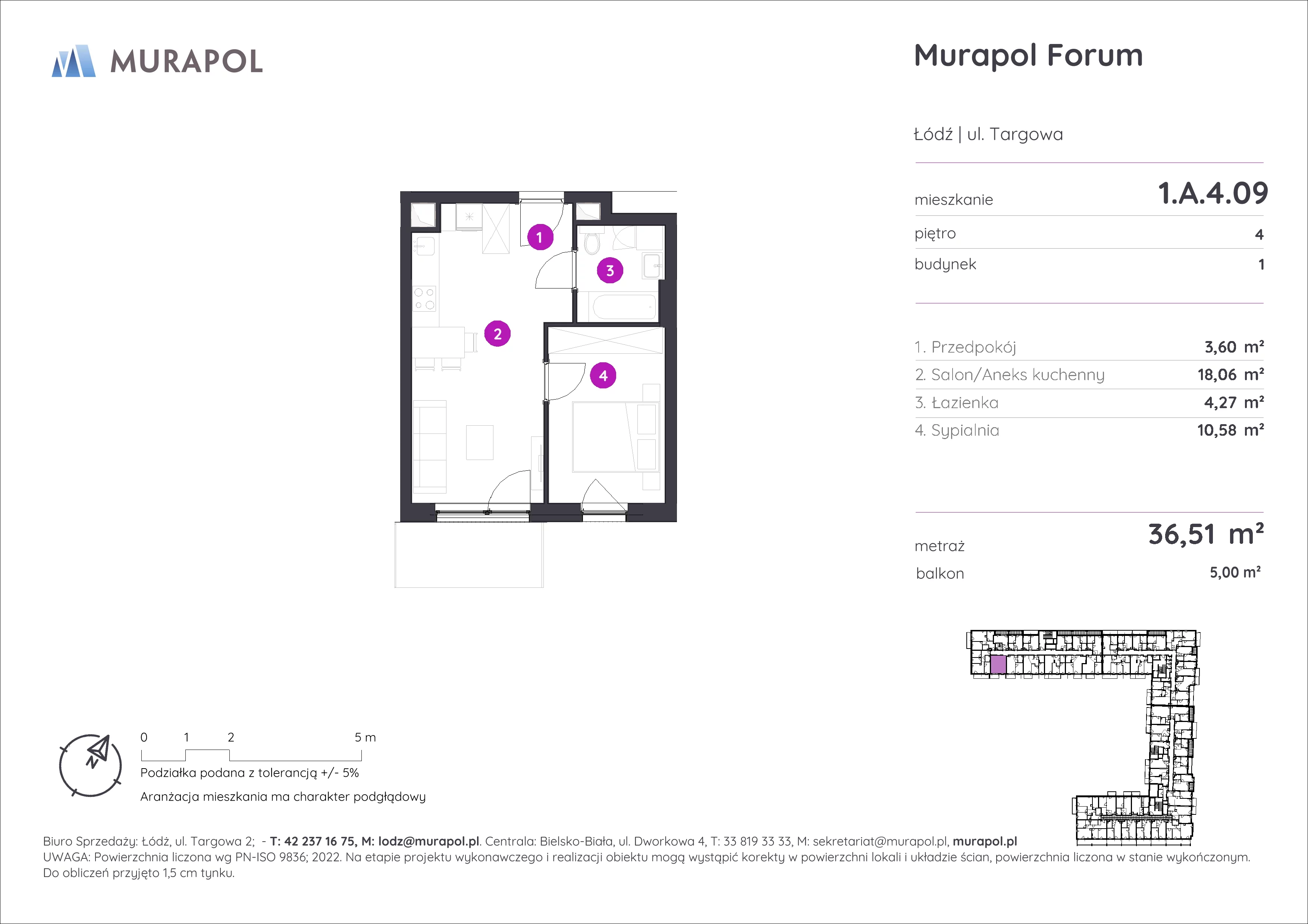 2 pokoje, mieszkanie 36,51 m², piętro 4, oferta nr 1.A.4.09, Murapol Forum, Łódź, Śródmieście, ul. Targowa