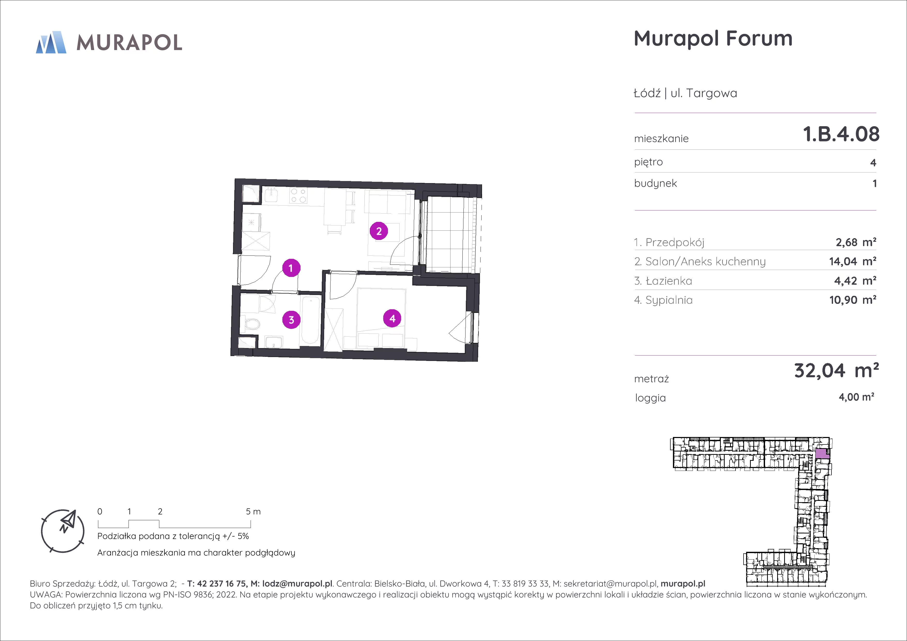 2 pokoje, mieszkanie 32,04 m², piętro 4, oferta nr 1.B.4.08, Murapol Forum, Łódź, Śródmieście, ul. Targowa