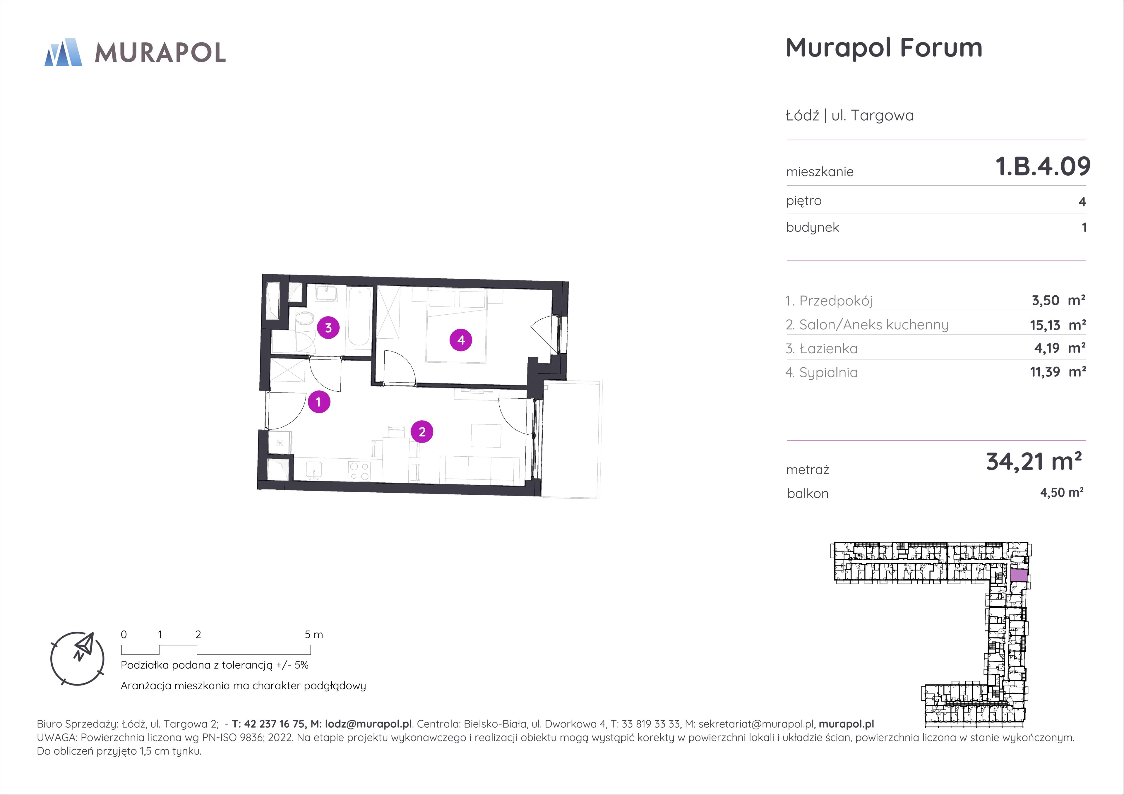 2 pokoje, mieszkanie 34,21 m², piętro 4, oferta nr 1.B.4.09, Murapol Forum, Łódź, Śródmieście, ul. Targowa