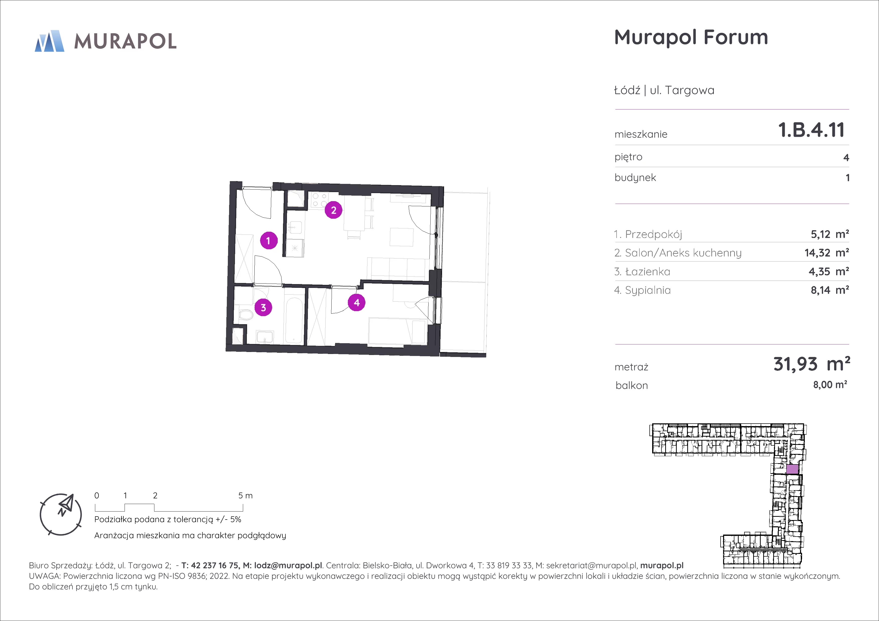 2 pokoje, mieszkanie 31,93 m², piętro 4, oferta nr 1.B.4.11, Murapol Forum, Łódź, Śródmieście, ul. Targowa