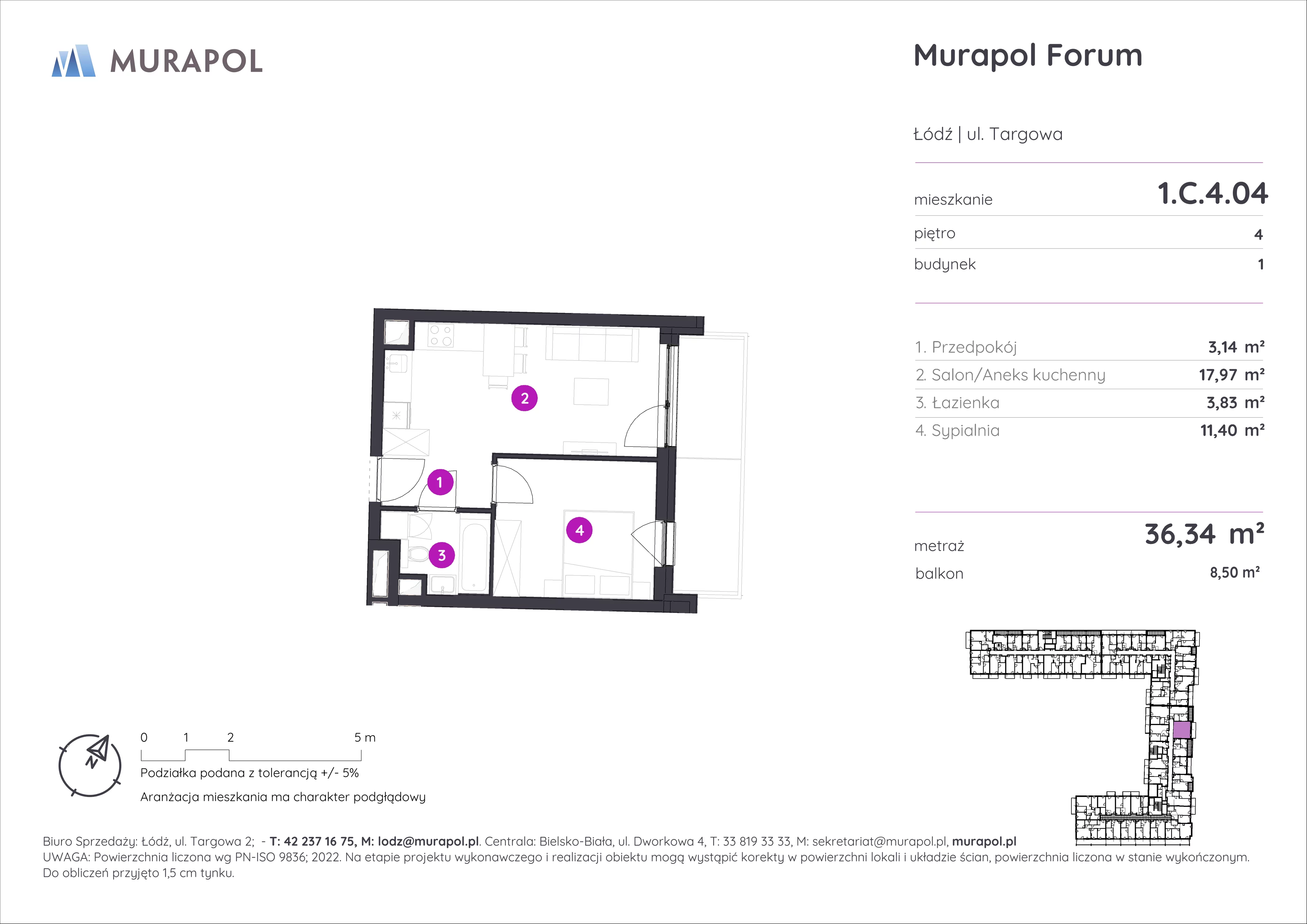 2 pokoje, mieszkanie 36,34 m², piętro 4, oferta nr 1.C.4.04, Murapol Forum, Łódź, Śródmieście, ul. Targowa