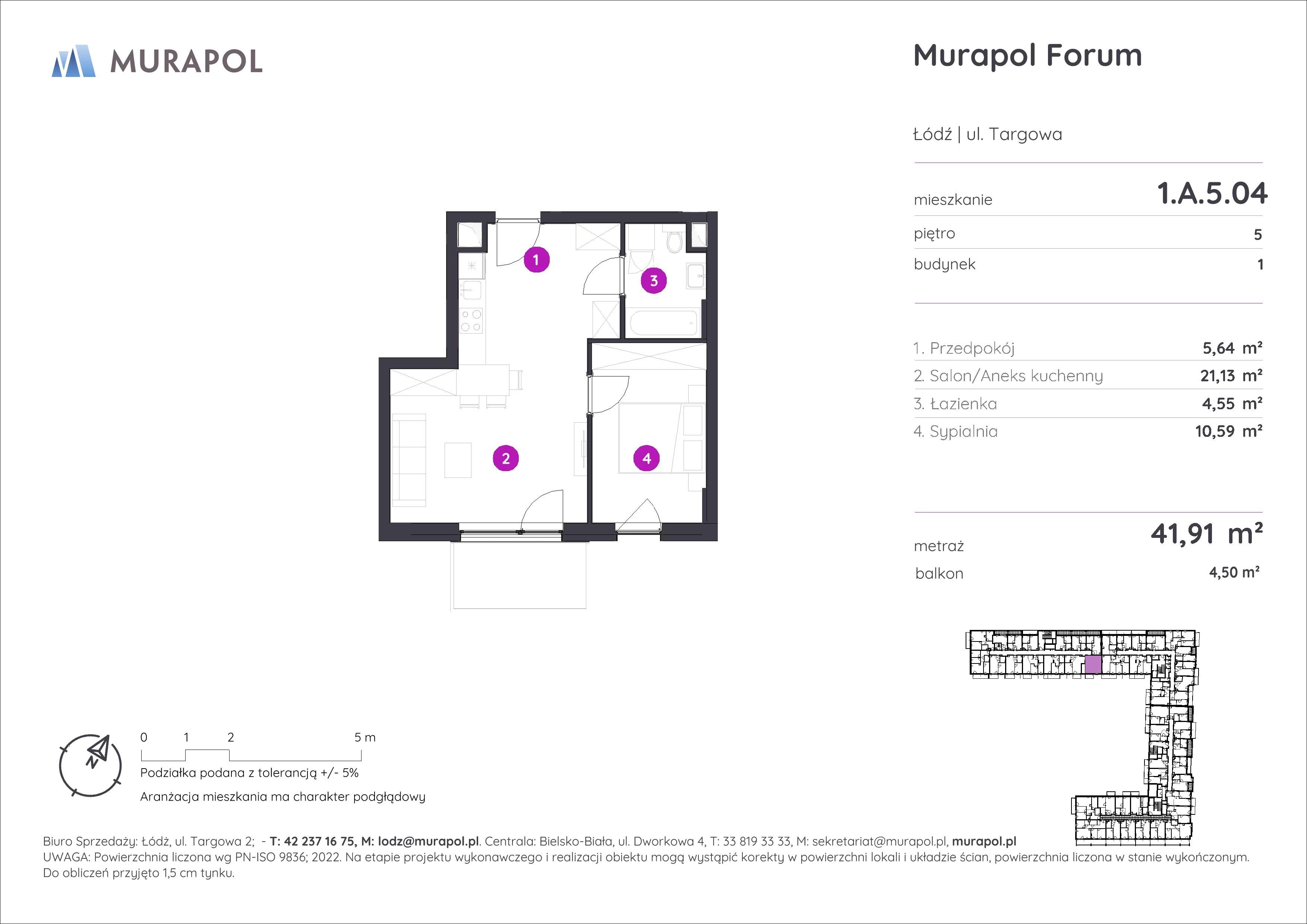 2 pokoje, mieszkanie 41,91 m², piętro 5, oferta nr 1.A.5.04, Murapol Forum, Łódź, Śródmieście, ul. Targowa