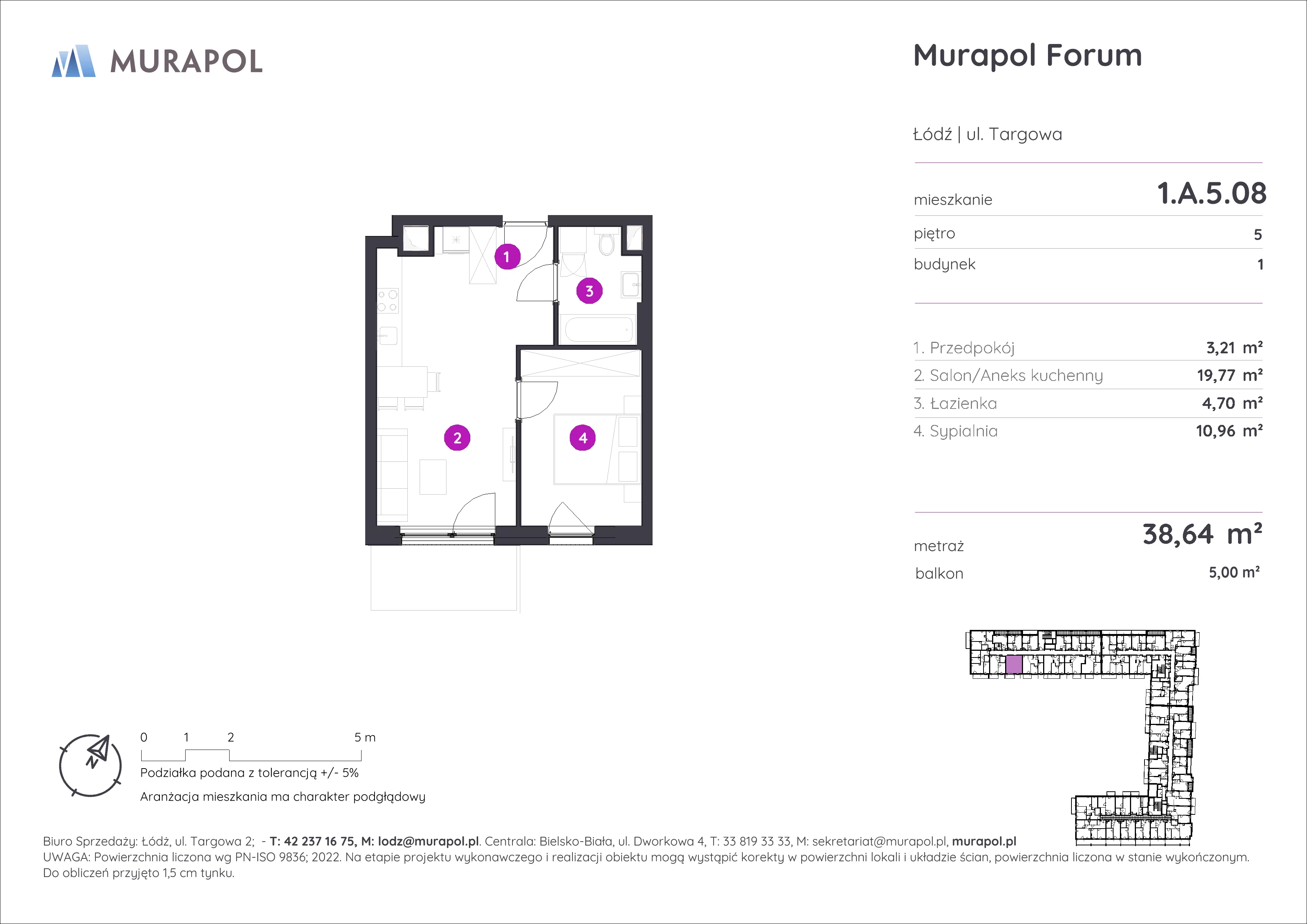 2 pokoje, mieszkanie 38,64 m², piętro 5, oferta nr 1.A.5.08, Murapol Forum, Łódź, Śródmieście, ul. Targowa
