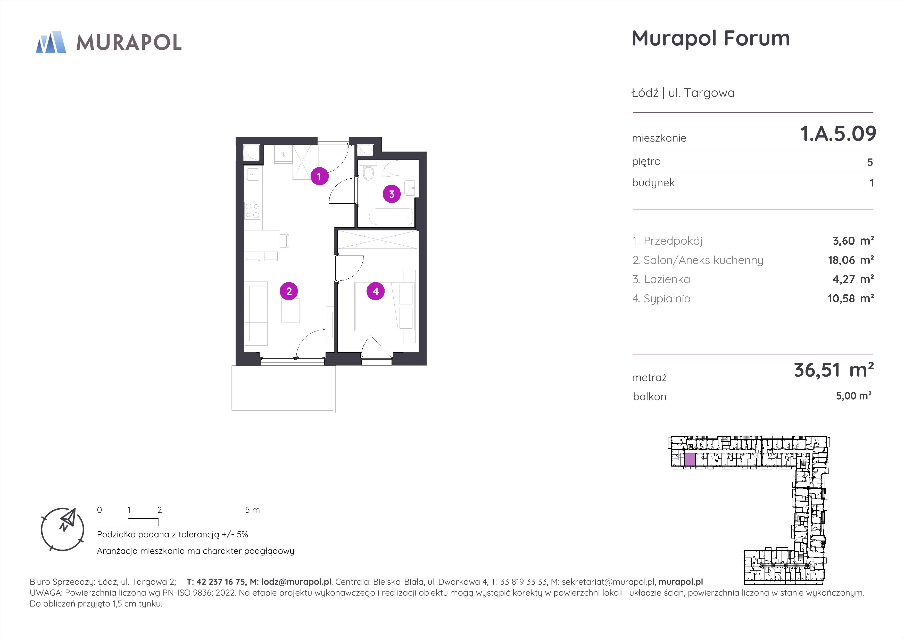 2 pokoje, mieszkanie 36,51 m², piętro 5, oferta nr 1.A.5.09, Murapol Forum, Łódź, Śródmieście, ul. Targowa