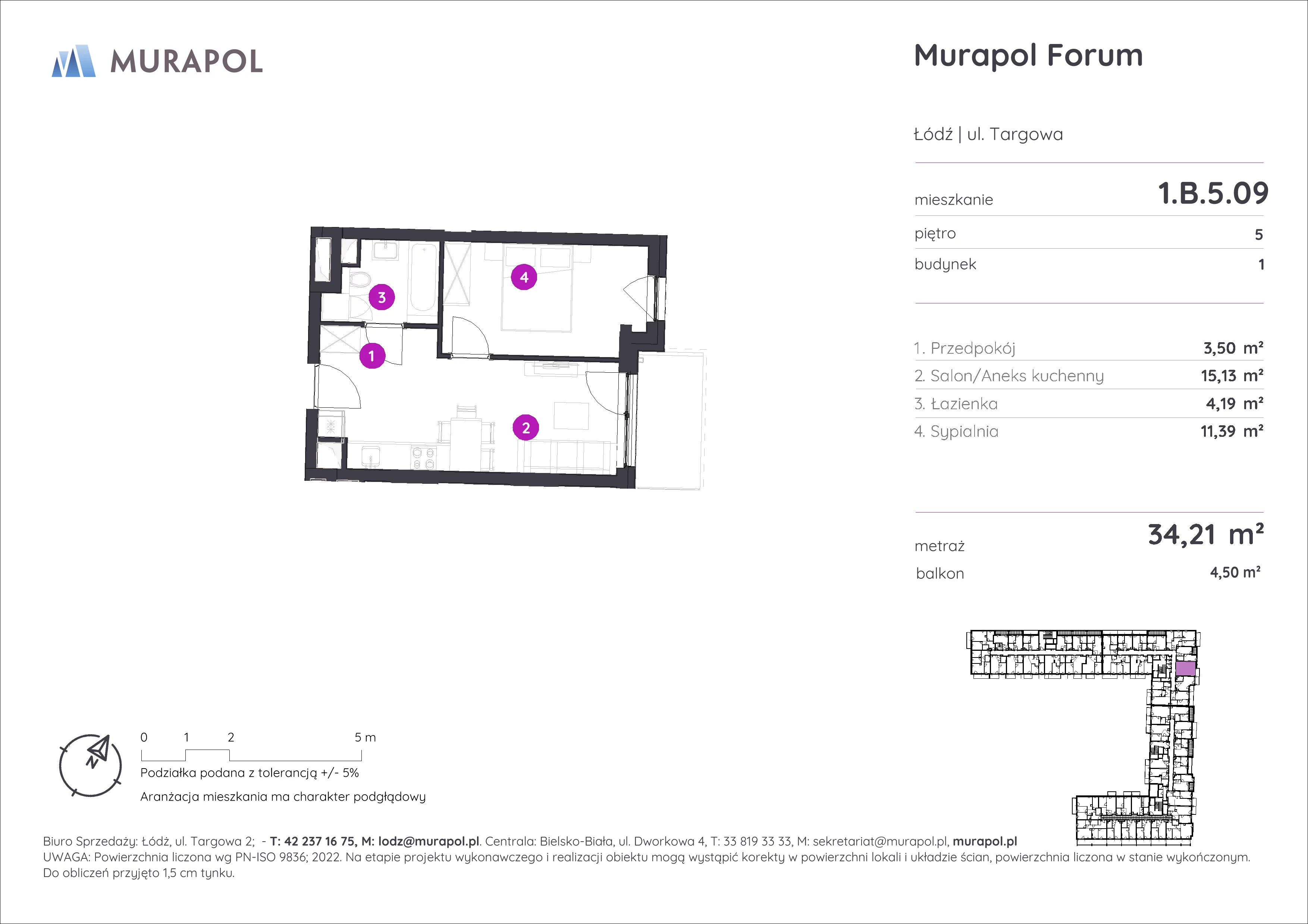 2 pokoje, mieszkanie 34,21 m², piętro 5, oferta nr 1.B.5.09, Murapol Forum, Łódź, Śródmieście, ul. Targowa