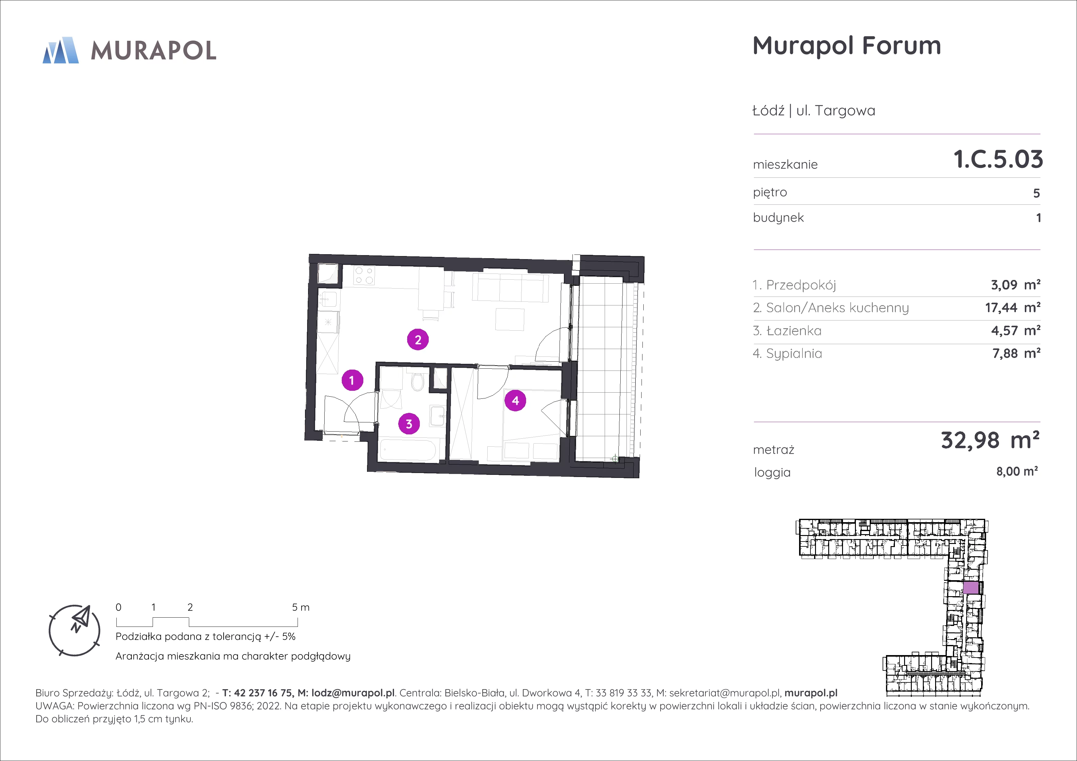 2 pokoje, mieszkanie 32,98 m², piętro 5, oferta nr 1.C.5.03, Murapol Forum, Łódź, Śródmieście, ul. Targowa
