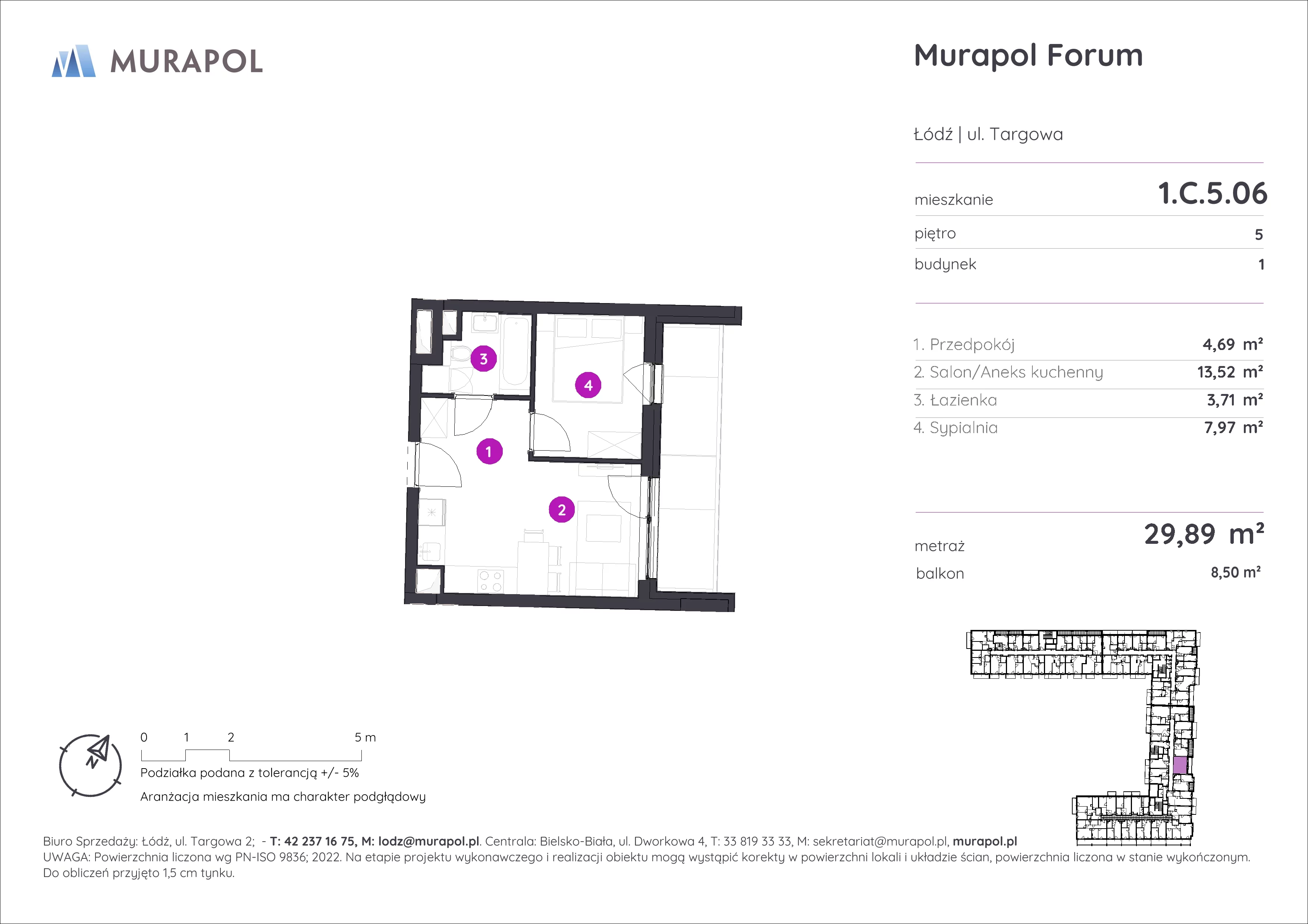 2 pokoje, mieszkanie 29,89 m², piętro 5, oferta nr 1.C.5.06, Murapol Forum, Łódź, Śródmieście, ul. Targowa