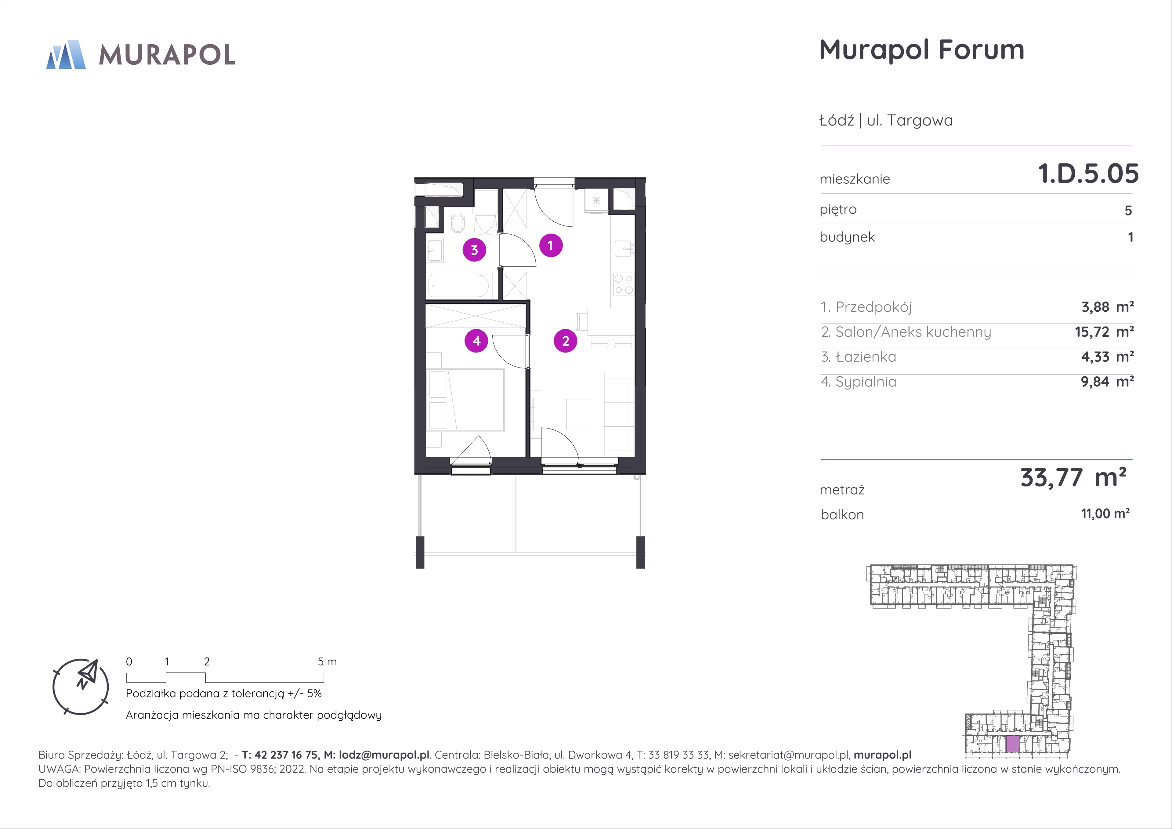 2 pokoje, mieszkanie 33,77 m², piętro 5, oferta nr 1.D.5.05, Murapol Forum, Łódź, Śródmieście, ul. Targowa