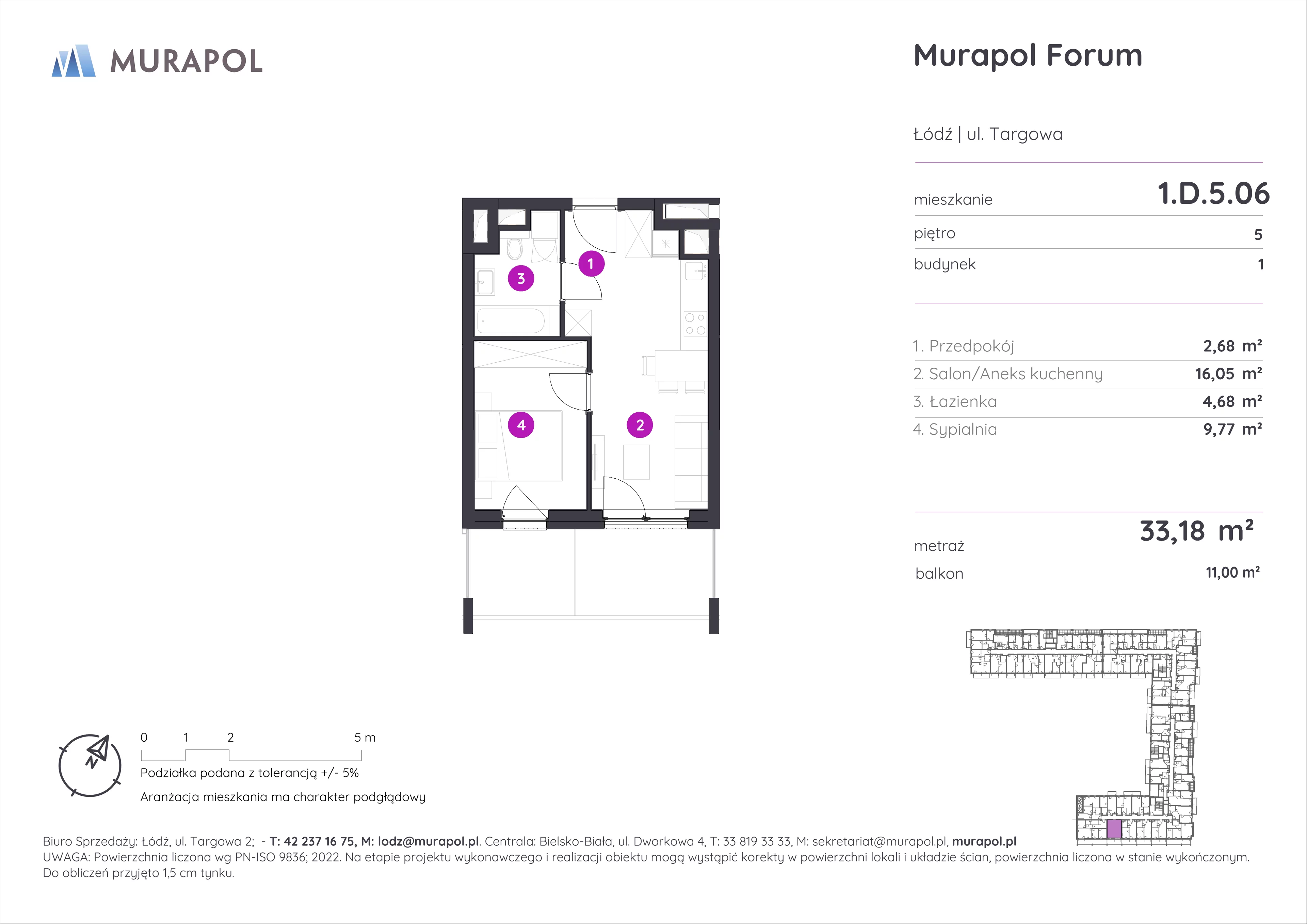 2 pokoje, mieszkanie 33,18 m², piętro 5, oferta nr 1.D.5.06, Murapol Forum, Łódź, Śródmieście, ul. Targowa