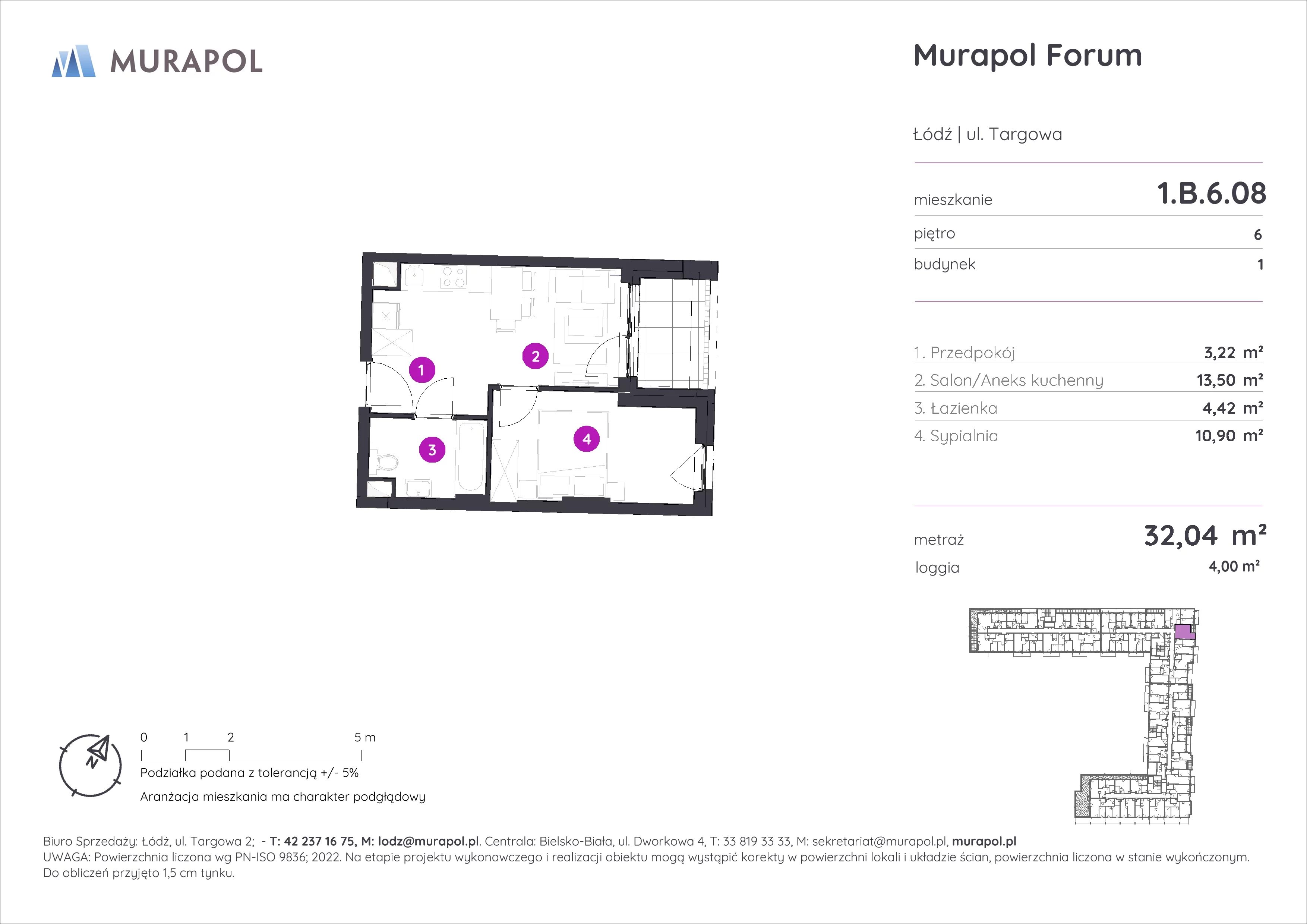 2 pokoje, mieszkanie 32,04 m², piętro 6, oferta nr 1.B.6.08, Murapol Forum, Łódź, Śródmieście, ul. Targowa