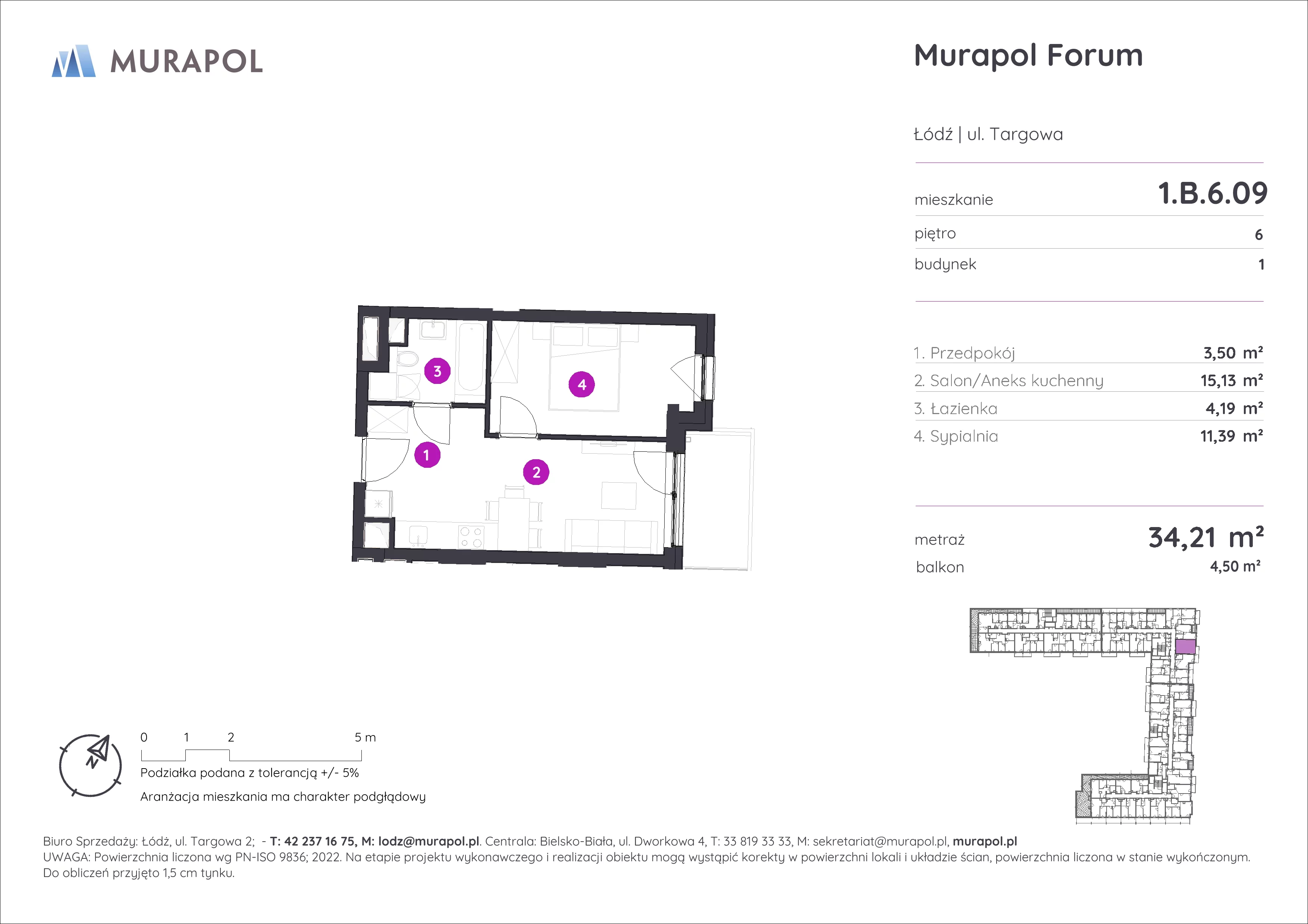 2 pokoje, mieszkanie 34,21 m², piętro 6, oferta nr 1.B.6.09, Murapol Forum, Łódź, Śródmieście, ul. Targowa