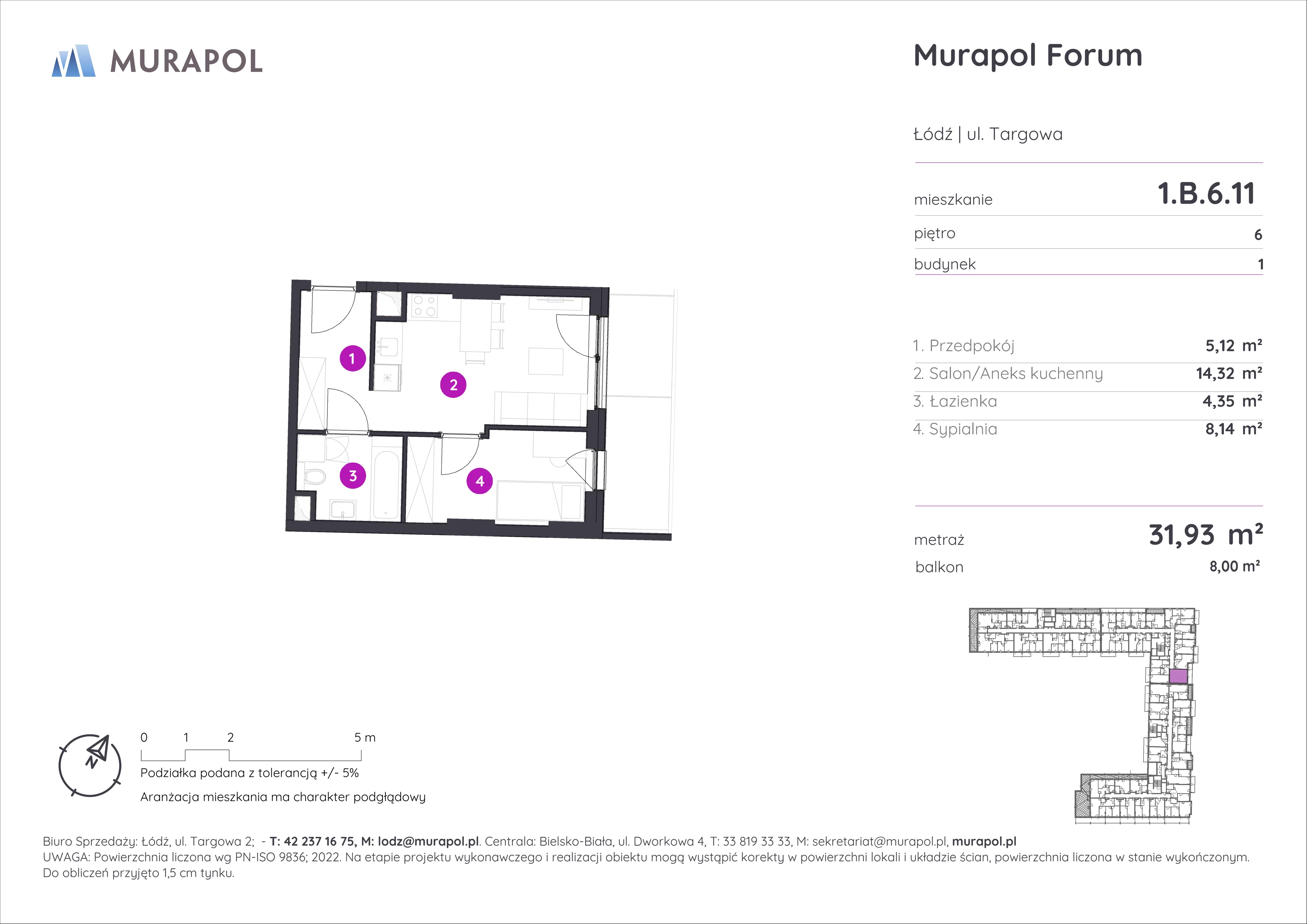 2 pokoje, mieszkanie 31,93 m², piętro 6, oferta nr 1.B.6.11, Murapol Forum, Łódź, Śródmieście, ul. Targowa