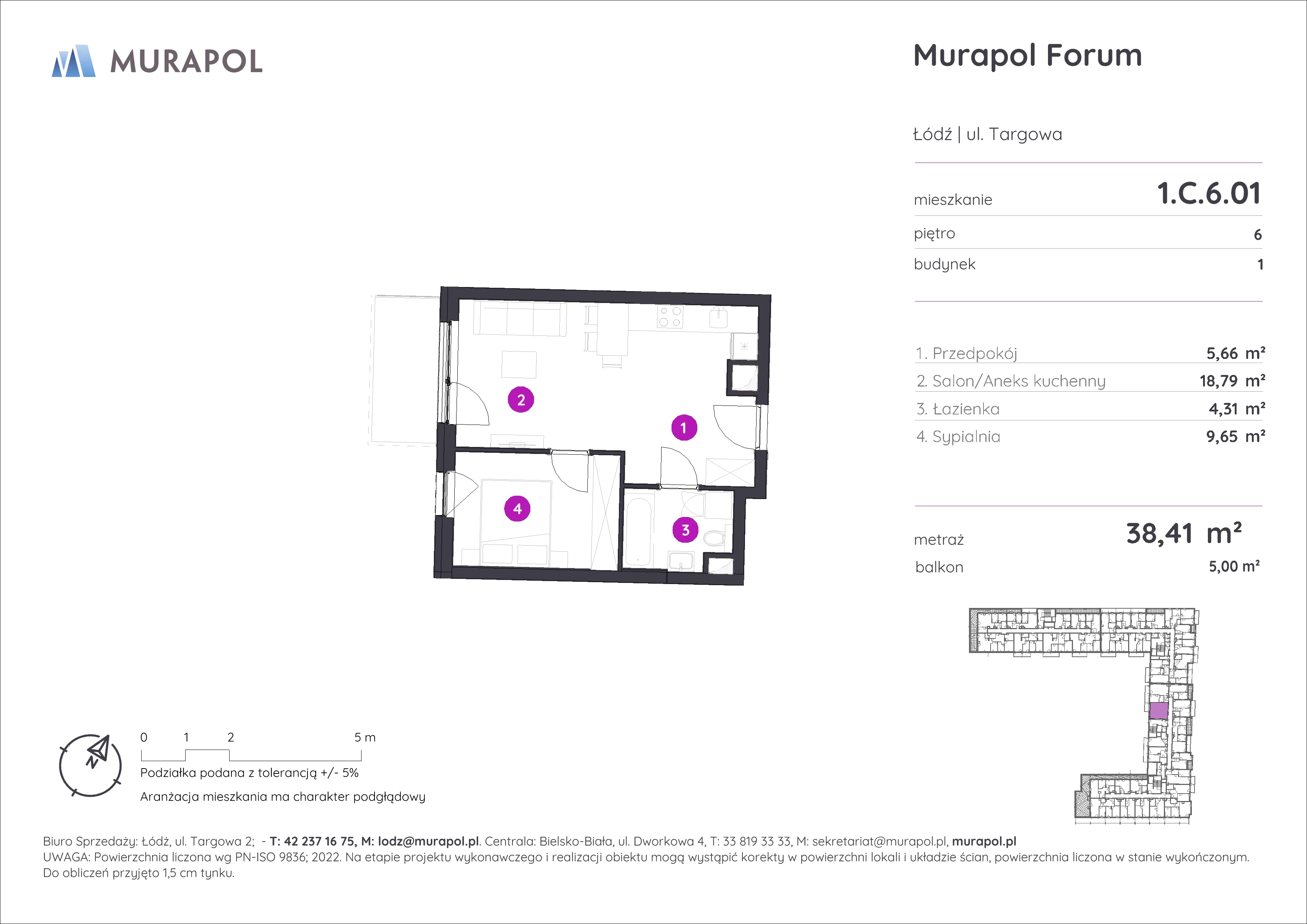 2 pokoje, mieszkanie 38,41 m², piętro 6, oferta nr 1.C.6.01, Murapol Forum, Łódź, Śródmieście, ul. Targowa