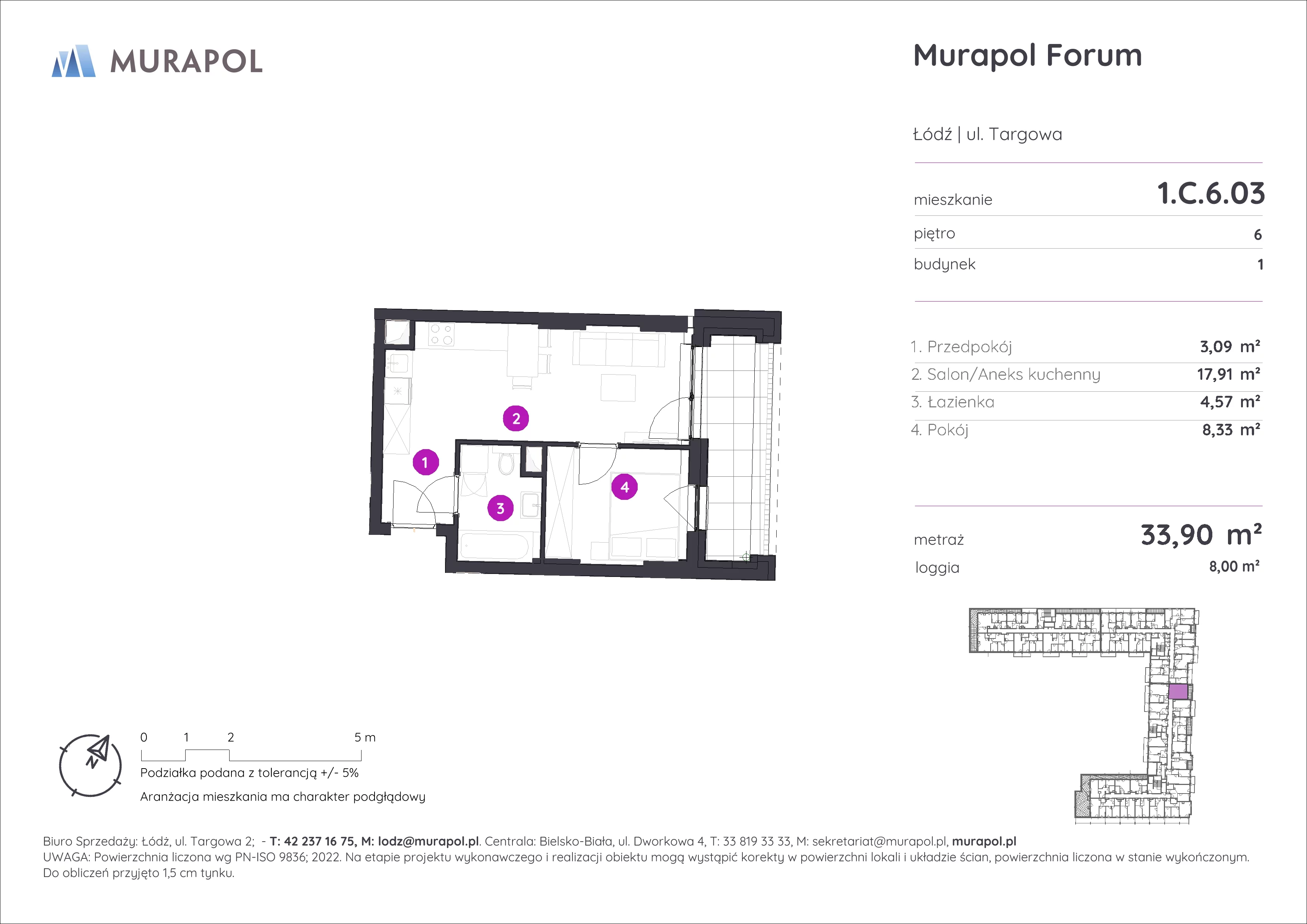 2 pokoje, mieszkanie 33,90 m², piętro 6, oferta nr 1.C.6.03, Murapol Forum, Łódź, Śródmieście, ul. Targowa
