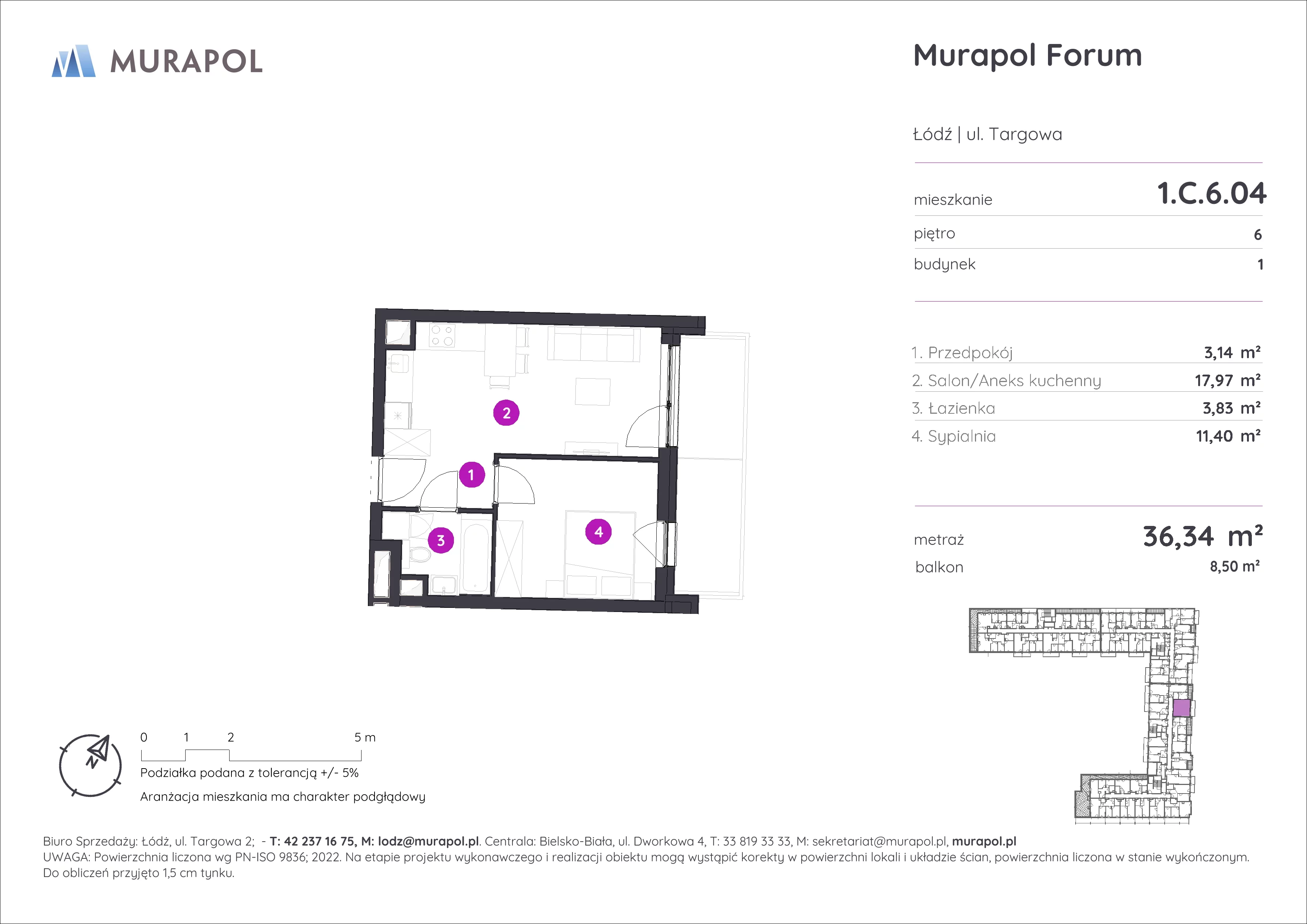 2 pokoje, mieszkanie 36,34 m², piętro 6, oferta nr 1.C.6.04, Murapol Forum, Łódź, Śródmieście, ul. Targowa