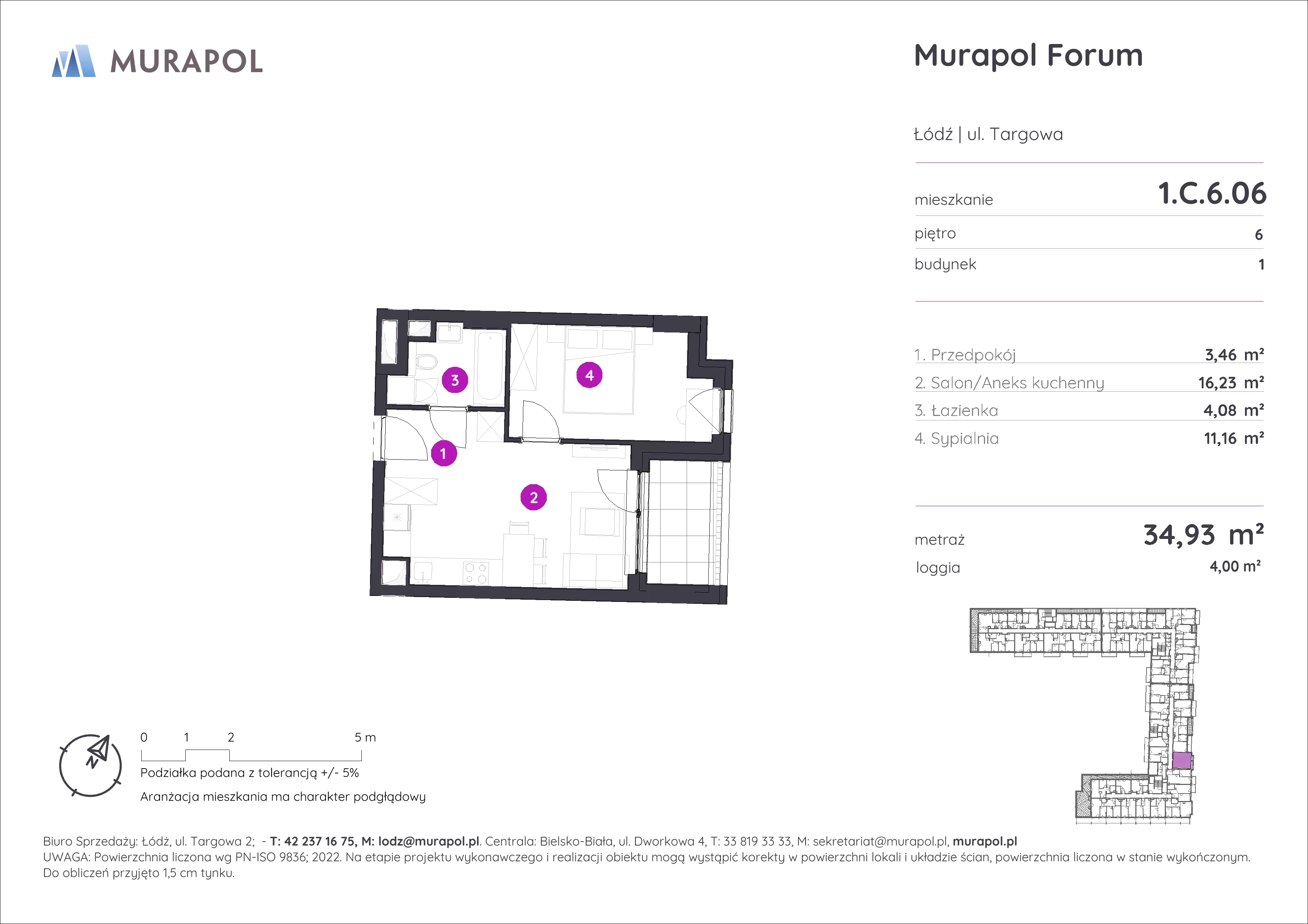 2 pokoje, mieszkanie 34,93 m², piętro 6, oferta nr 1.C.6.06, Murapol Forum, Łódź, Śródmieście, ul. Targowa