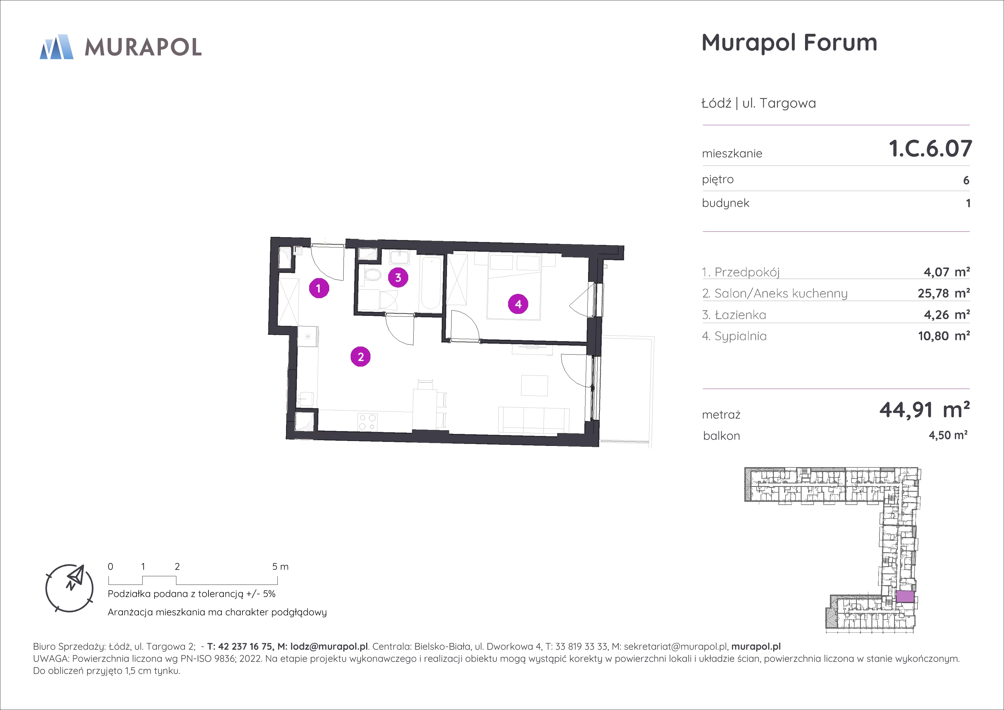 2 pokoje, mieszkanie 44,91 m², piętro 6, oferta nr 1.C.6.07, Murapol Forum, Łódź, Śródmieście, ul. Targowa