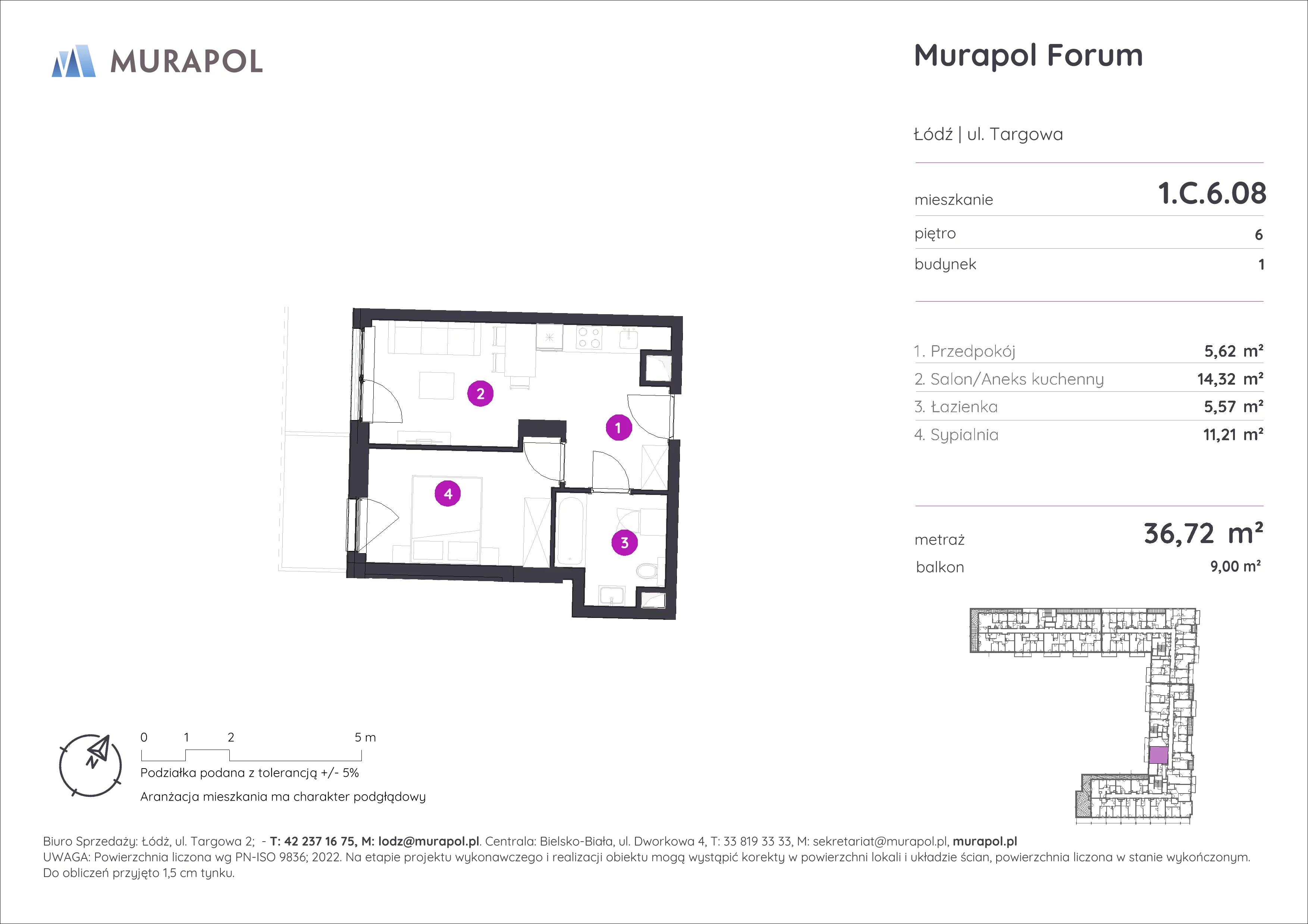 2 pokoje, mieszkanie 36,72 m², piętro 6, oferta nr 1.C.6.08, Murapol Forum, Łódź, Śródmieście, ul. Targowa
