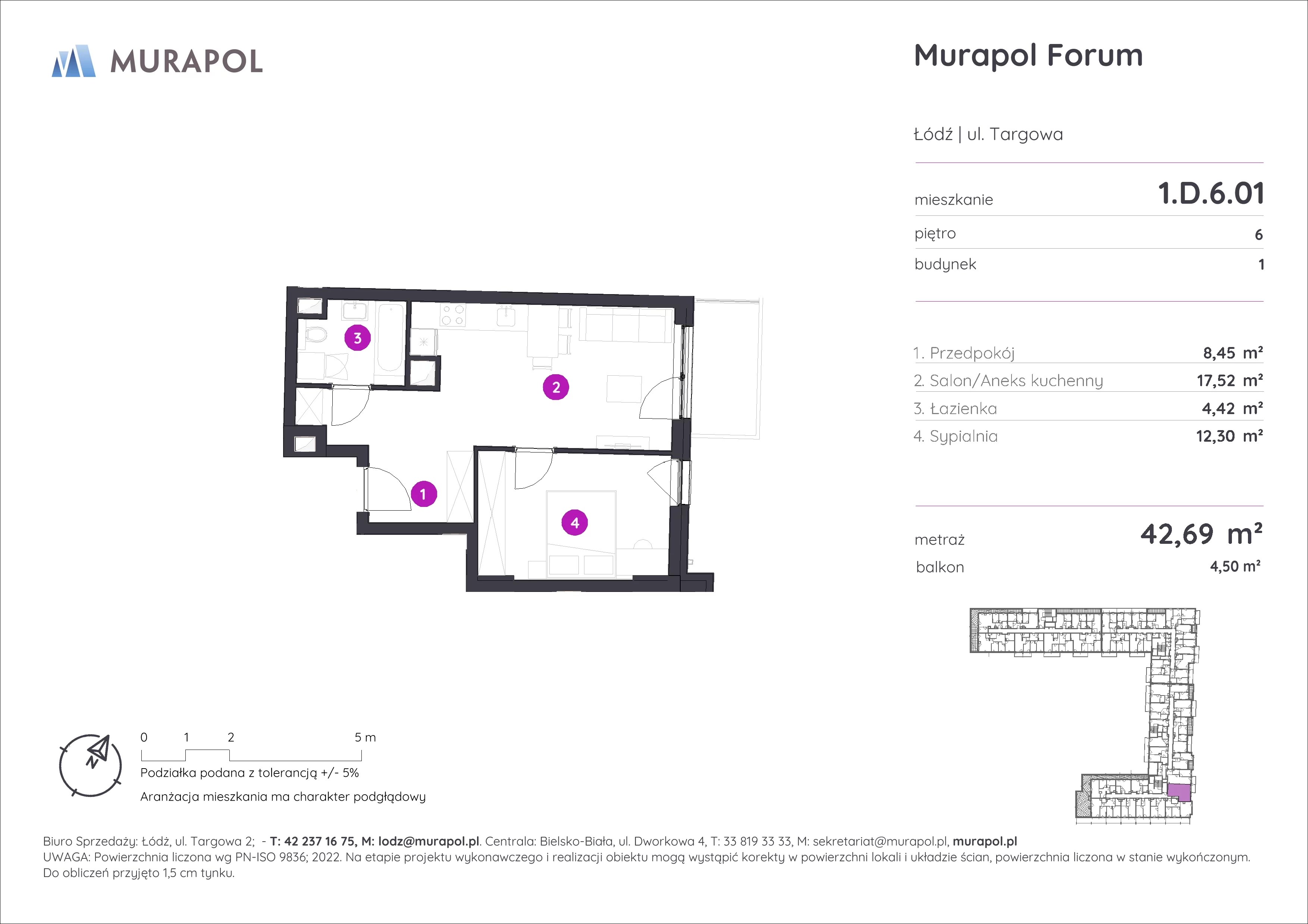 2 pokoje, mieszkanie 42,69 m², piętro 6, oferta nr 1.D.6.01, Murapol Forum, Łódź, Śródmieście, ul. Targowa
