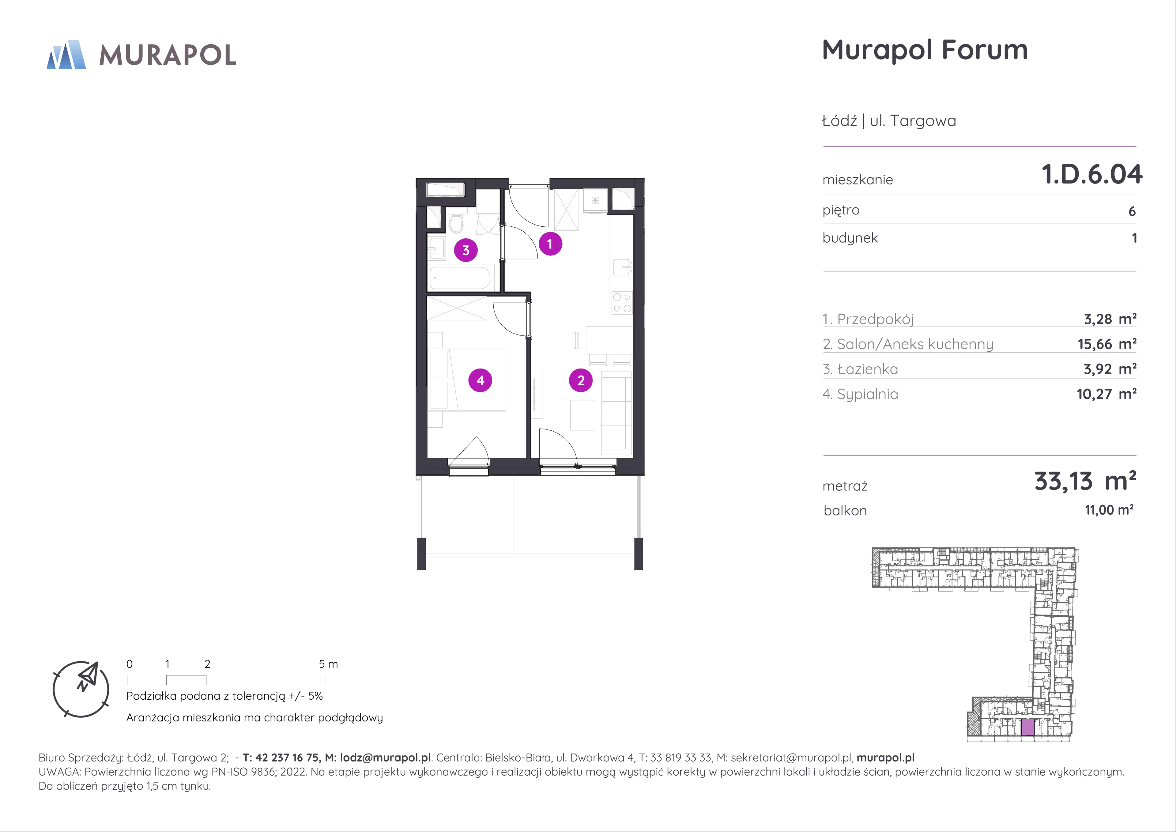 2 pokoje, mieszkanie 33,13 m², piętro 6, oferta nr 1.D.6.04, Murapol Forum, Łódź, Śródmieście, ul. Targowa