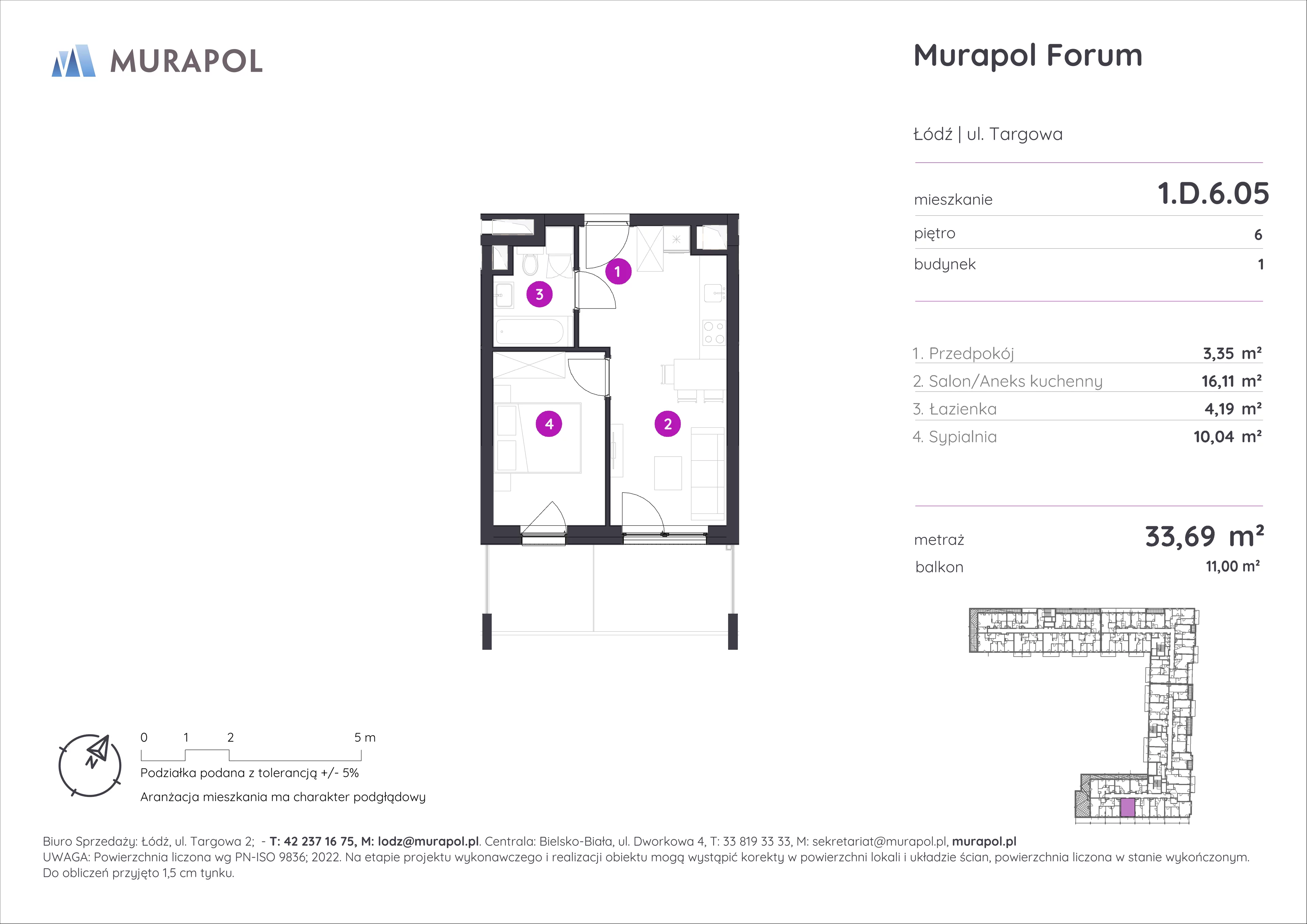 2 pokoje, mieszkanie 33,69 m², piętro 6, oferta nr 1.D.6.05, Murapol Forum, Łódź, Śródmieście, ul. Targowa