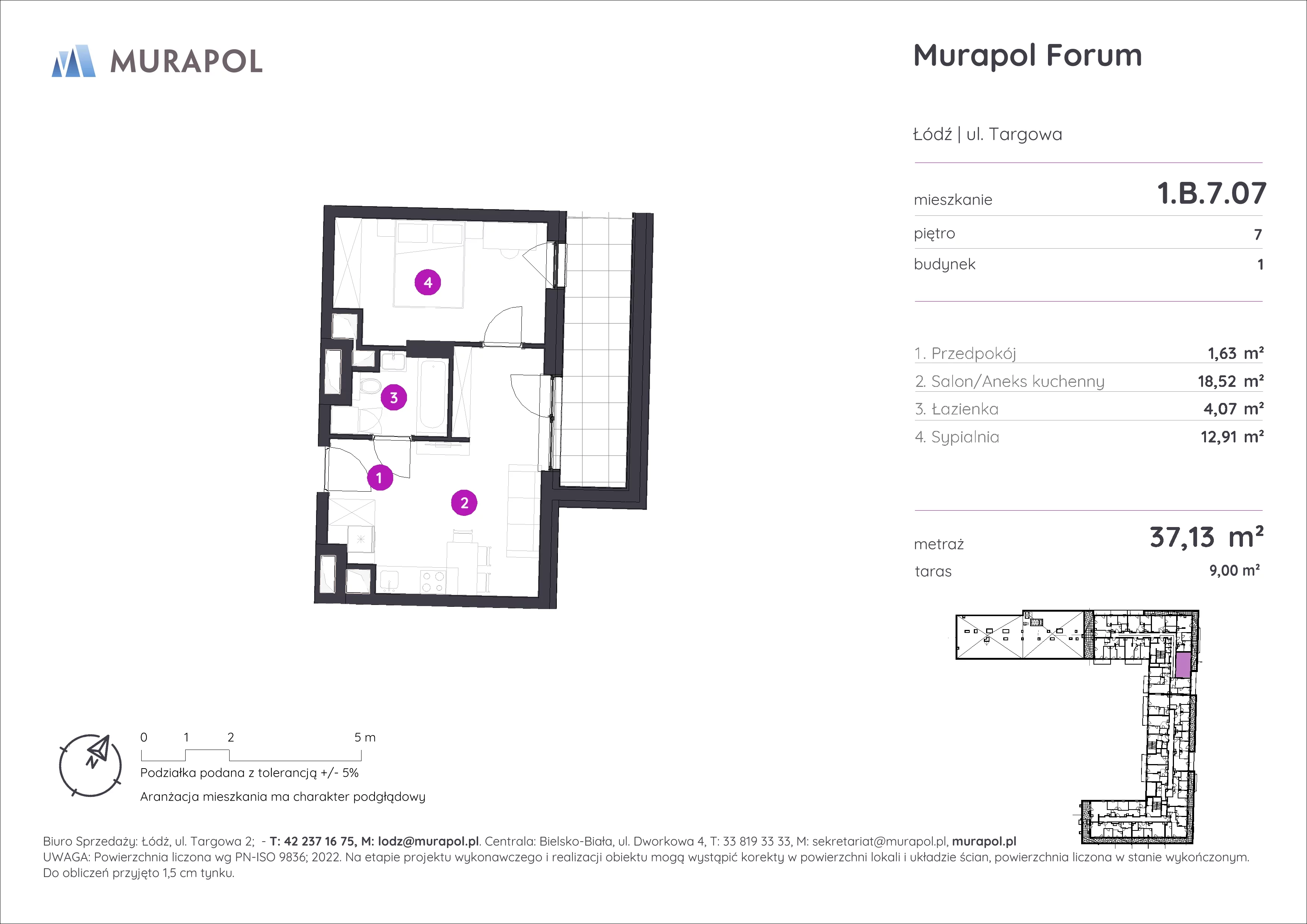 2 pokoje, mieszkanie 37,13 m², piętro 7, oferta nr 1.B.7.07, Murapol Forum, Łódź, Śródmieście, ul. Targowa