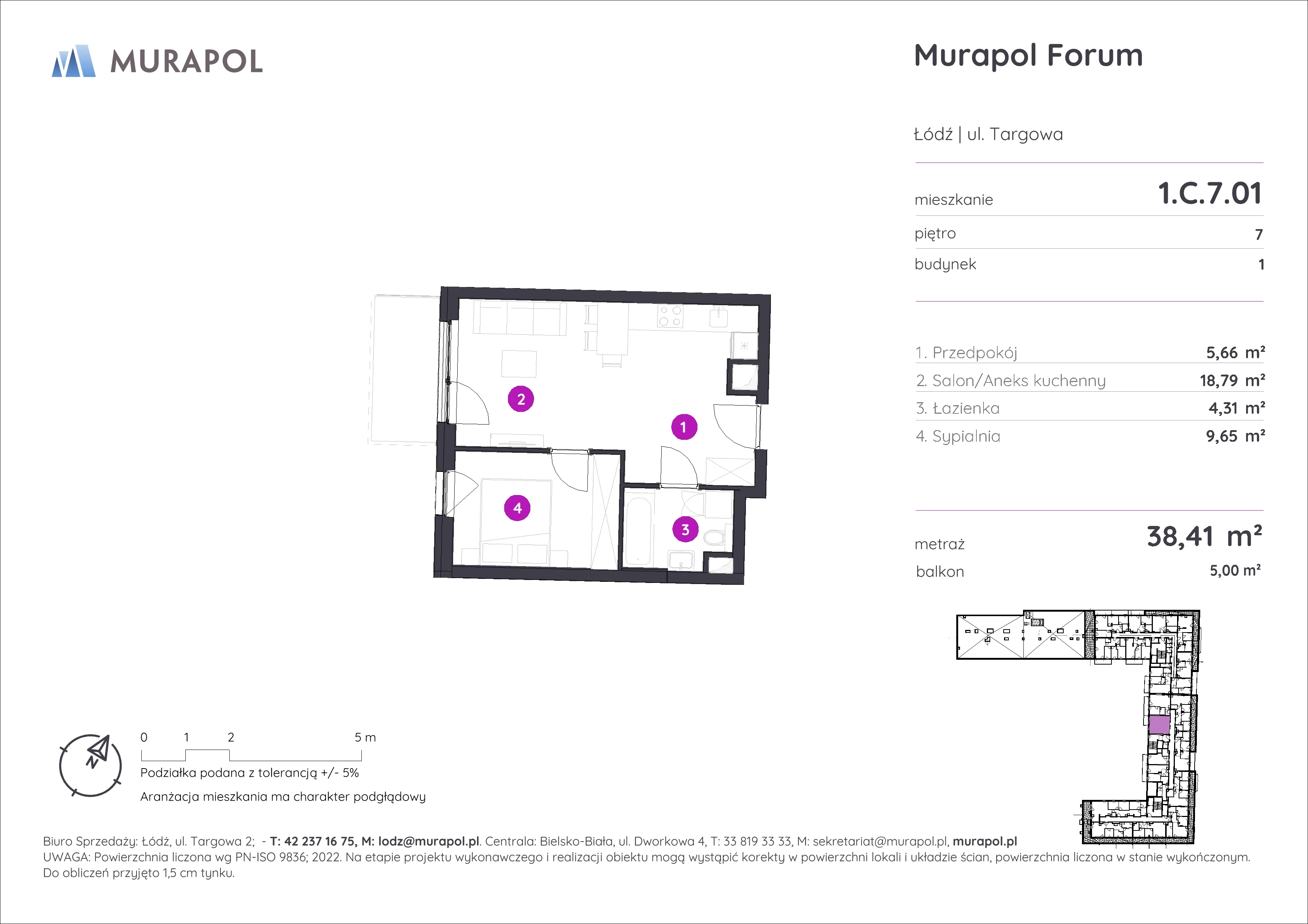 2 pokoje, mieszkanie 38,41 m², piętro 7, oferta nr 1.C.7.01, Murapol Forum, Łódź, Śródmieście, ul. Targowa