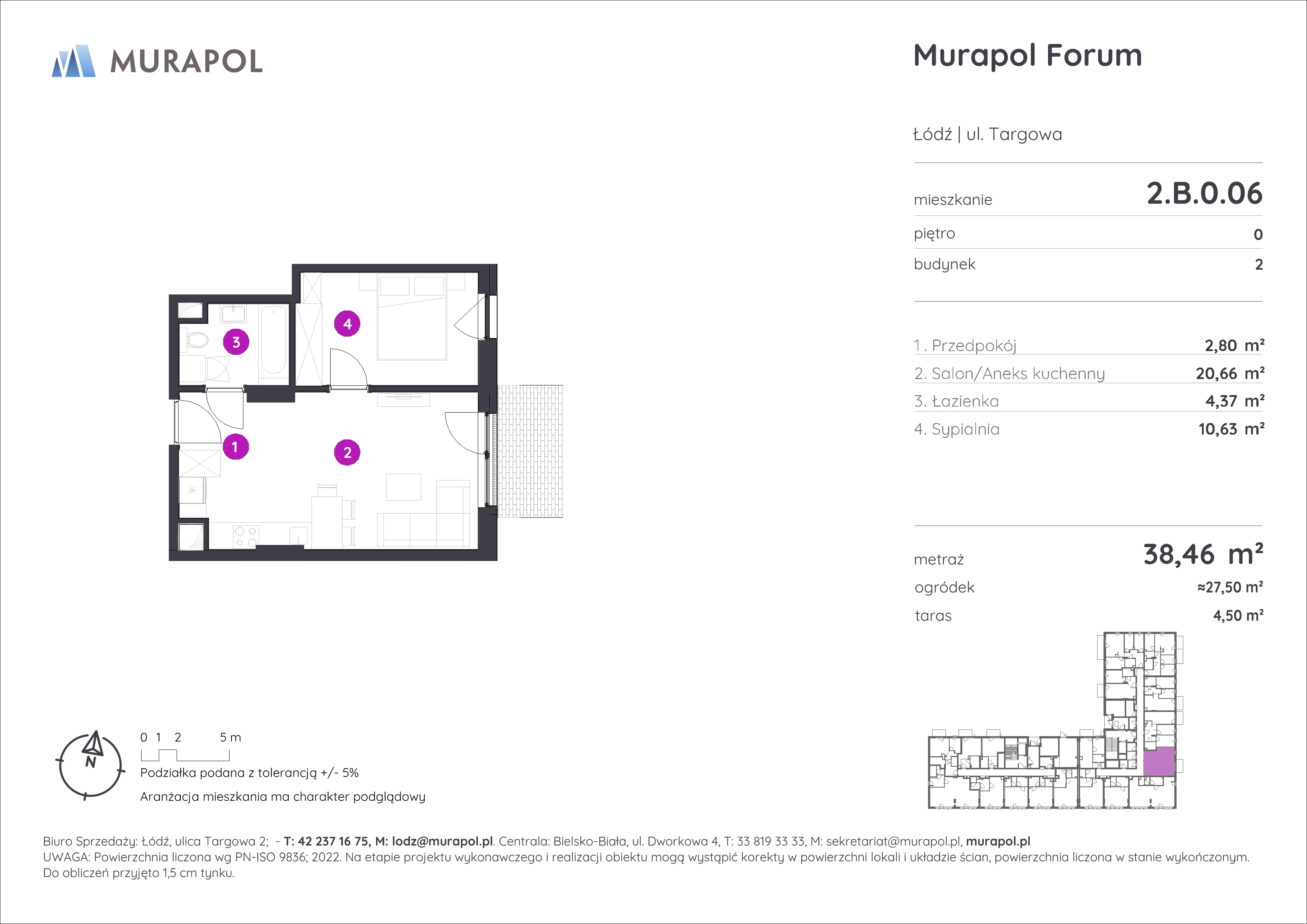 2 pokoje, mieszkanie 38,46 m², parter, oferta nr 2.B.0.06, Murapol Forum, Łódź, Śródmieście, ul. Targowa