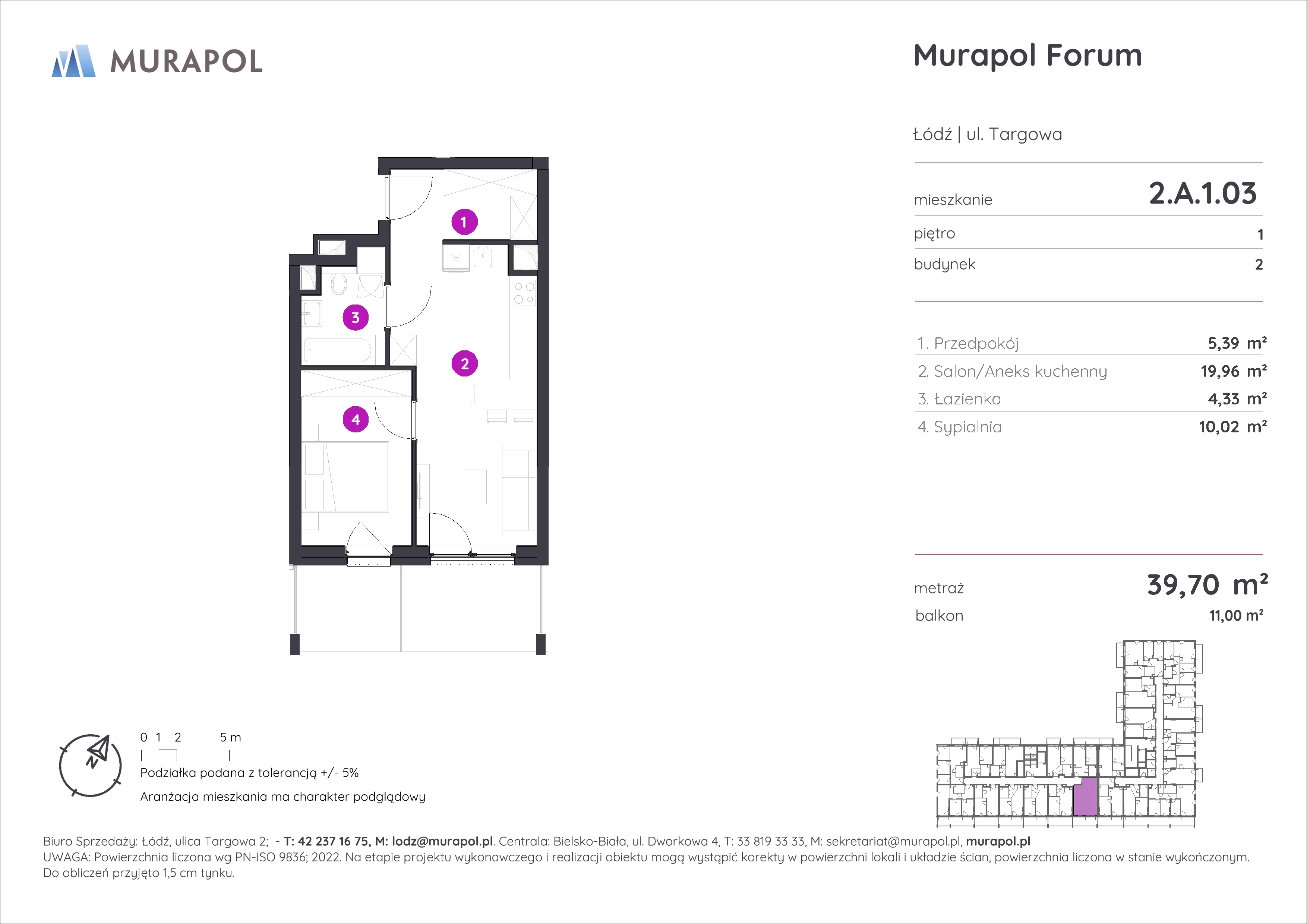 2 pokoje, mieszkanie 39,70 m², piętro 1, oferta nr 2.A.1.03, Murapol Forum, Łódź, Śródmieście, ul. Targowa