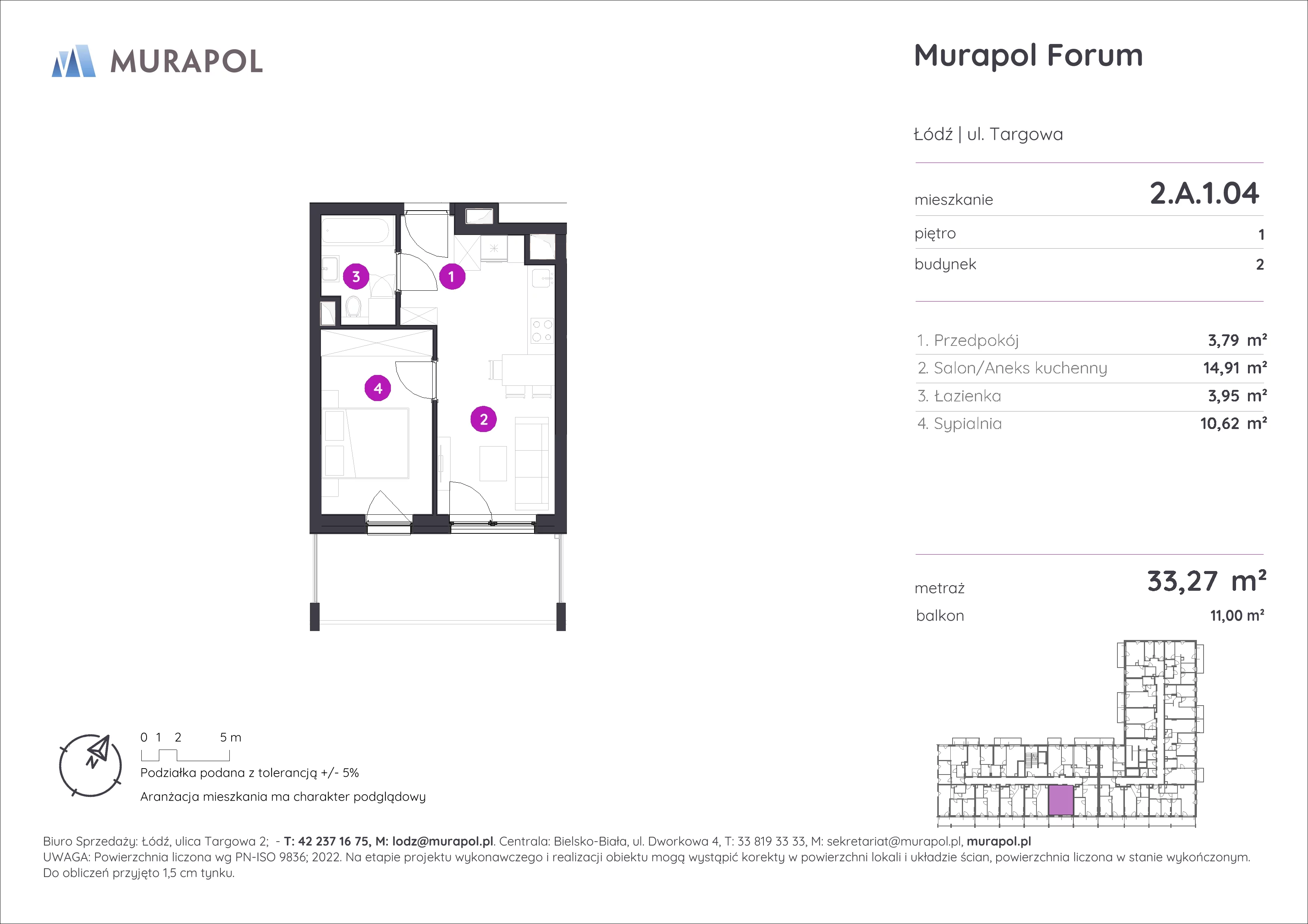 2 pokoje, mieszkanie 33,27 m², piętro 1, oferta nr 2.A.1.04, Murapol Forum, Łódź, Śródmieście, ul. Targowa