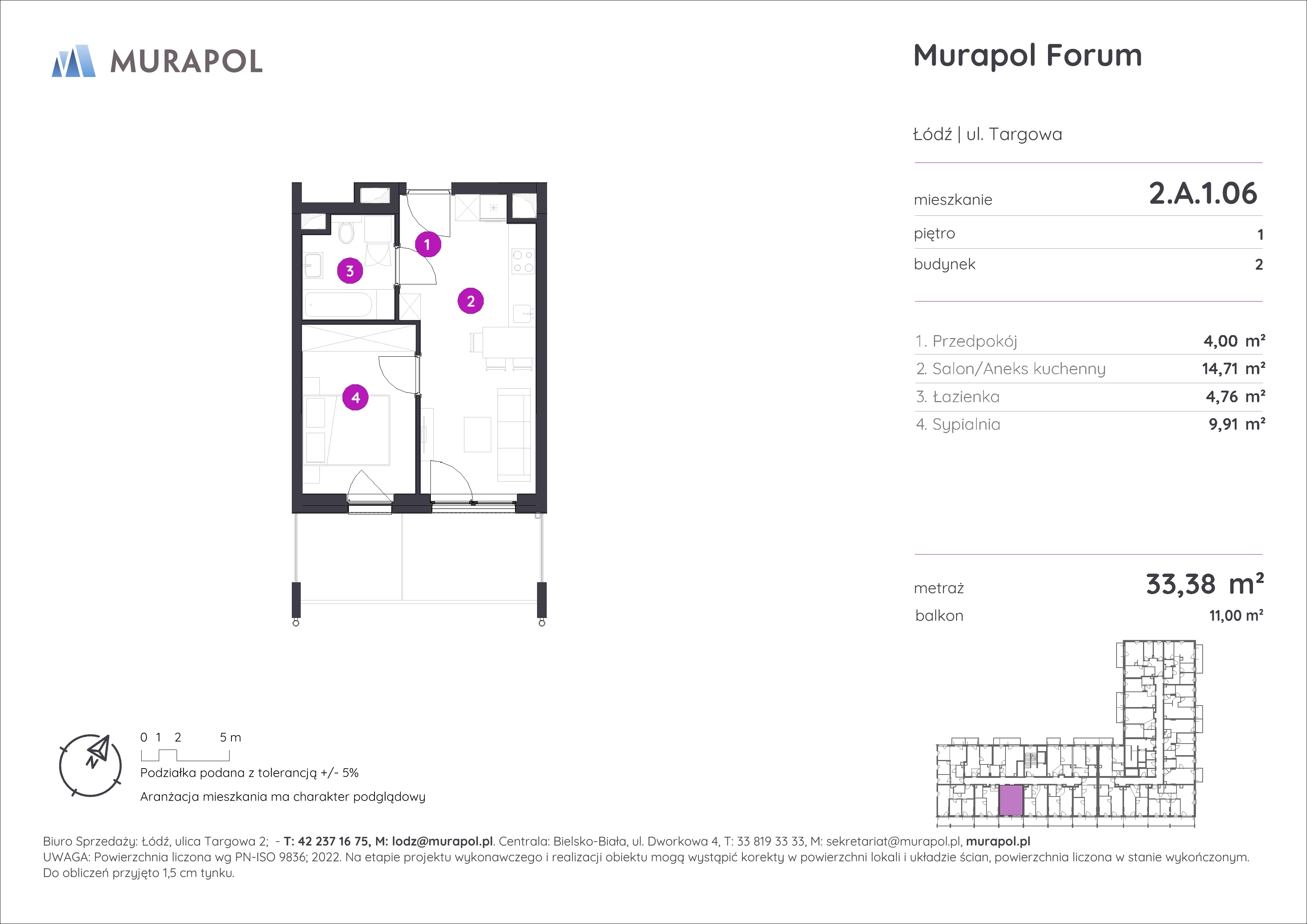 2 pokoje, mieszkanie 33,38 m², piętro 1, oferta nr 2.A.1.06, Murapol Forum, Łódź, Śródmieście, ul. Targowa