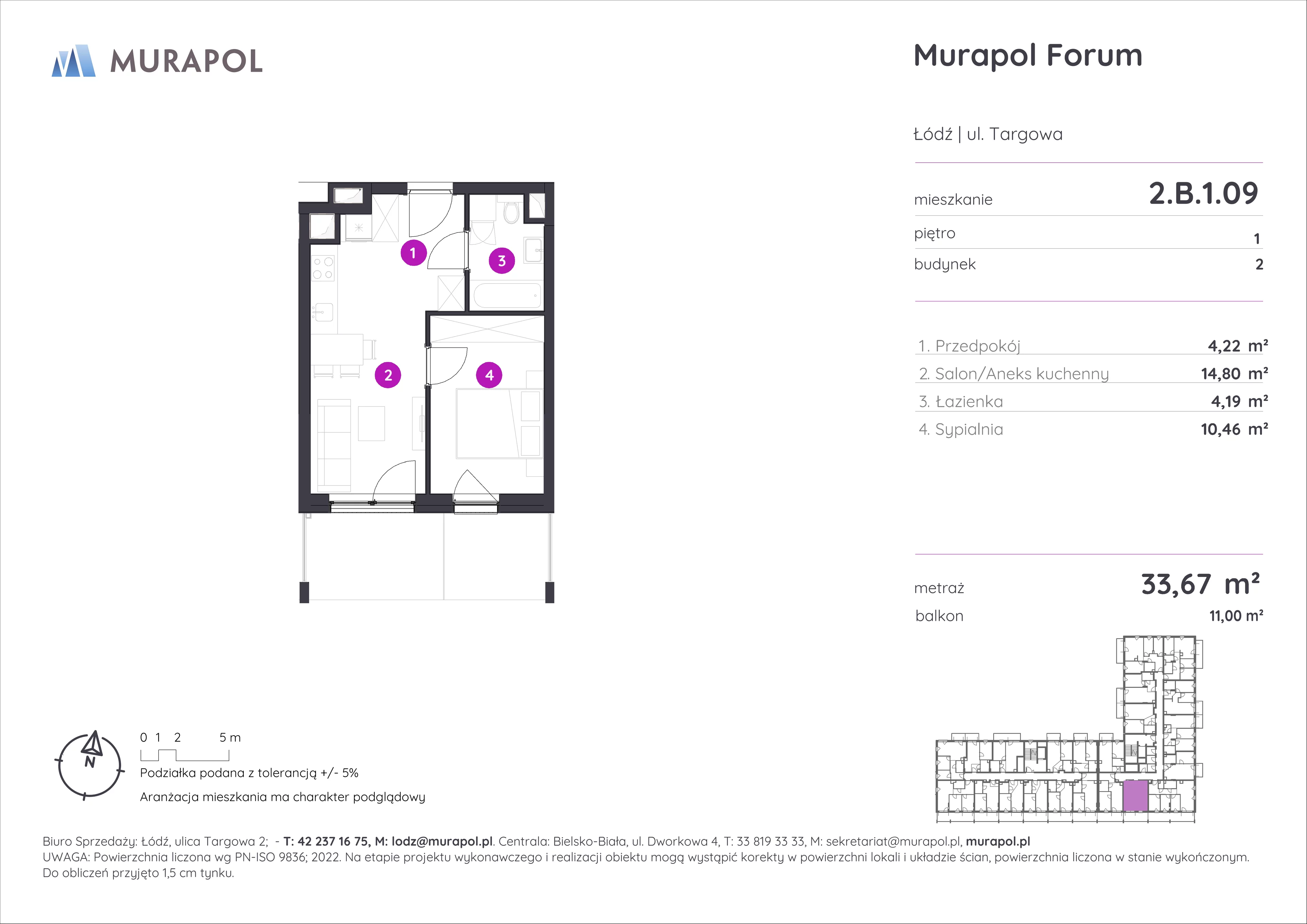 2 pokoje, mieszkanie 33,67 m², piętro 1, oferta nr 2.B.1.09, Murapol Forum, Łódź, Śródmieście, ul. Targowa