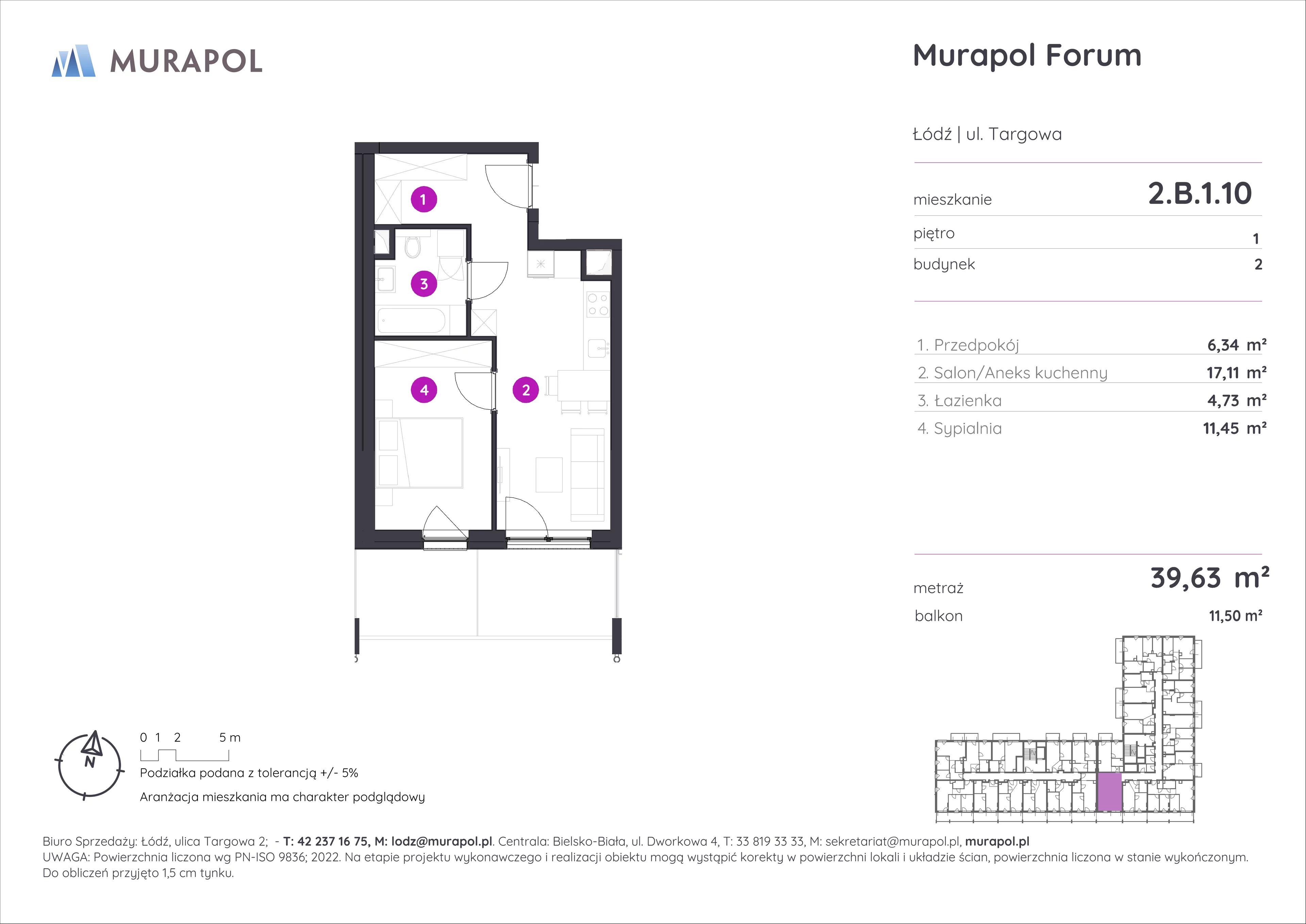 2 pokoje, mieszkanie 39,63 m², piętro 1, oferta nr 2.B.1.10, Murapol Forum, Łódź, Śródmieście, ul. Targowa