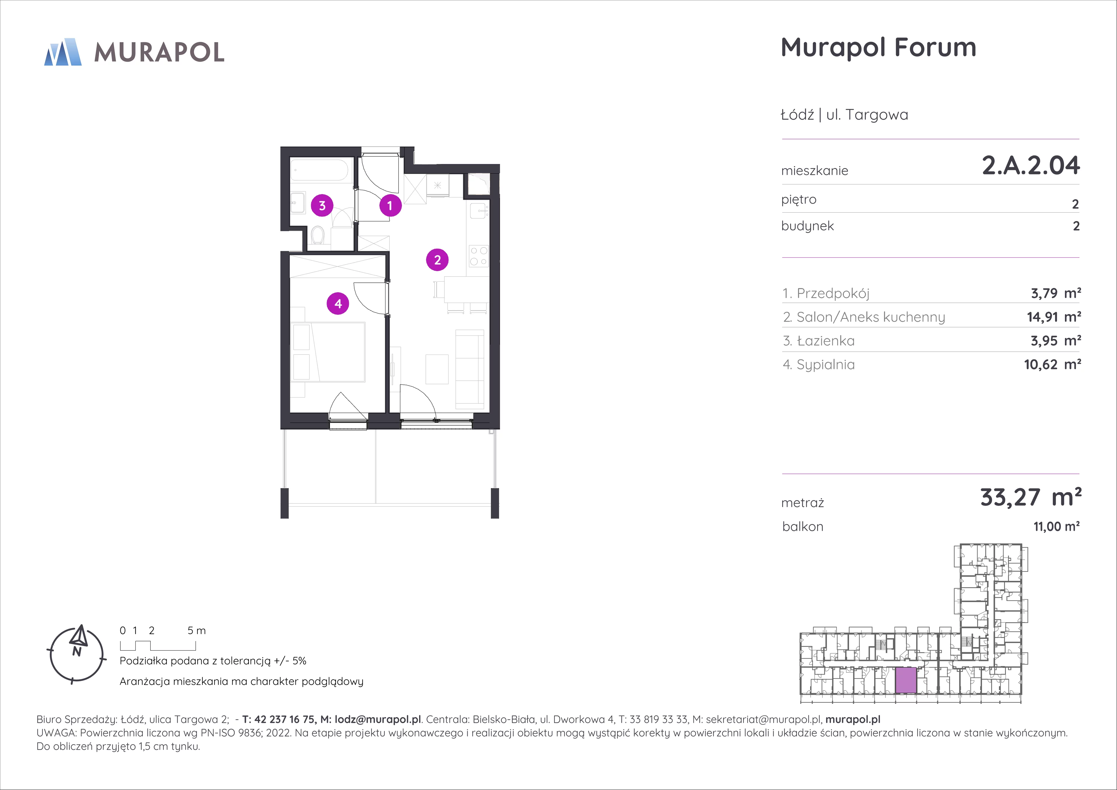 2 pokoje, mieszkanie 33,27 m², piętro 2, oferta nr 2.A.2.04, Murapol Forum, Łódź, Śródmieście, ul. Targowa
