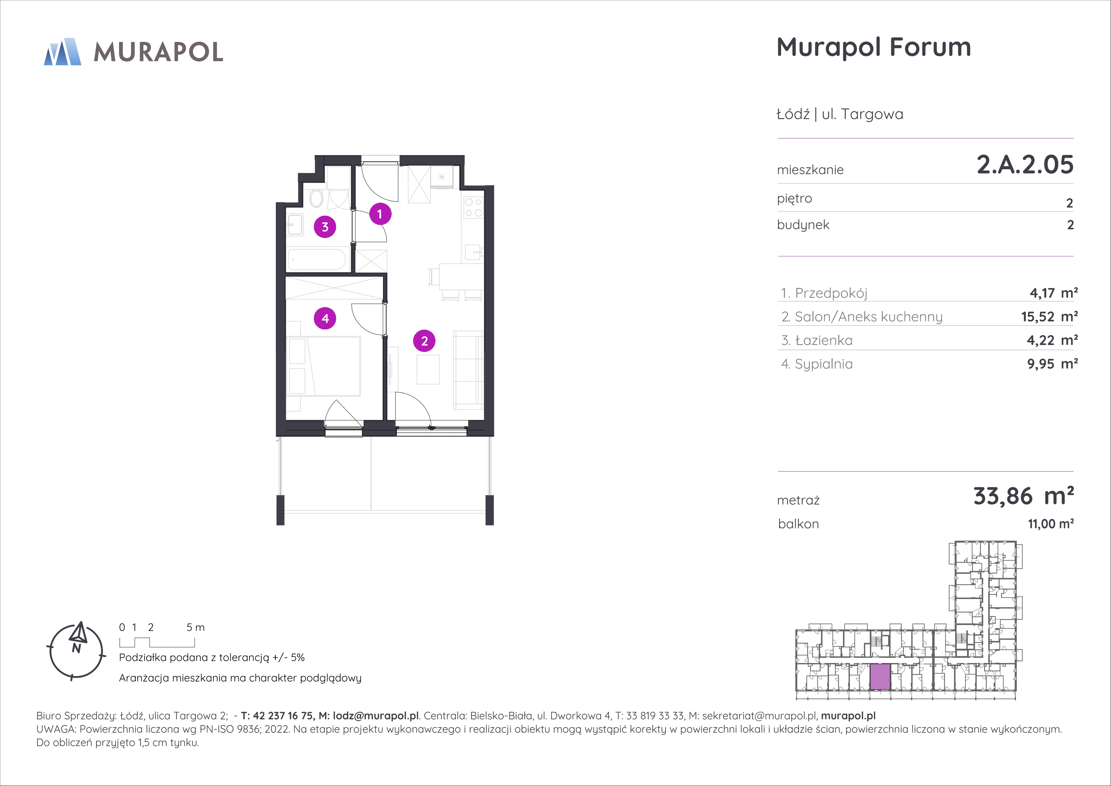 2 pokoje, mieszkanie 33,86 m², piętro 2, oferta nr 2.A.2.05, Murapol Forum, Łódź, Śródmieście, ul. Targowa