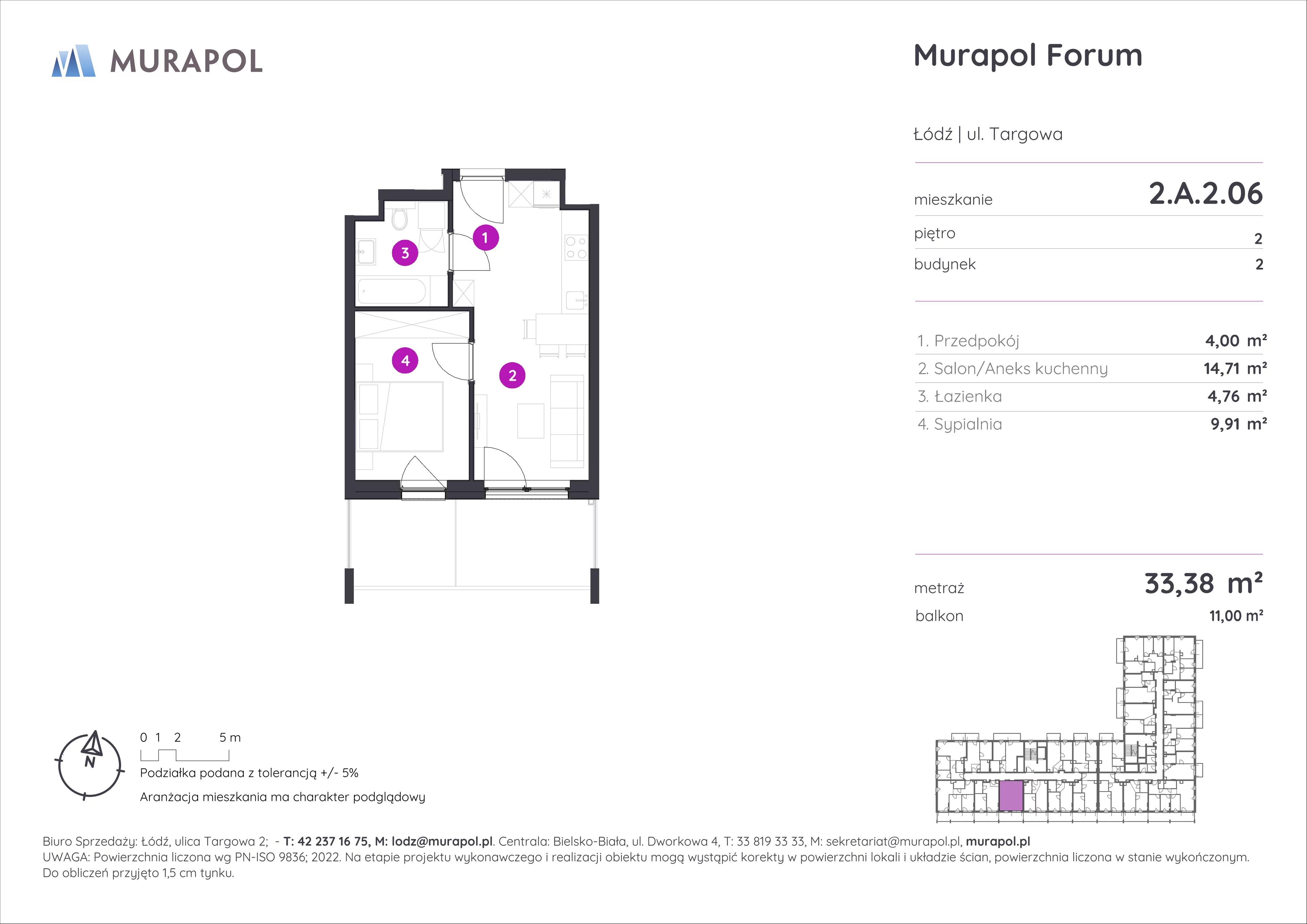 2 pokoje, mieszkanie 33,38 m², piętro 2, oferta nr 2.A.2.06, Murapol Forum, Łódź, Śródmieście, ul. Targowa