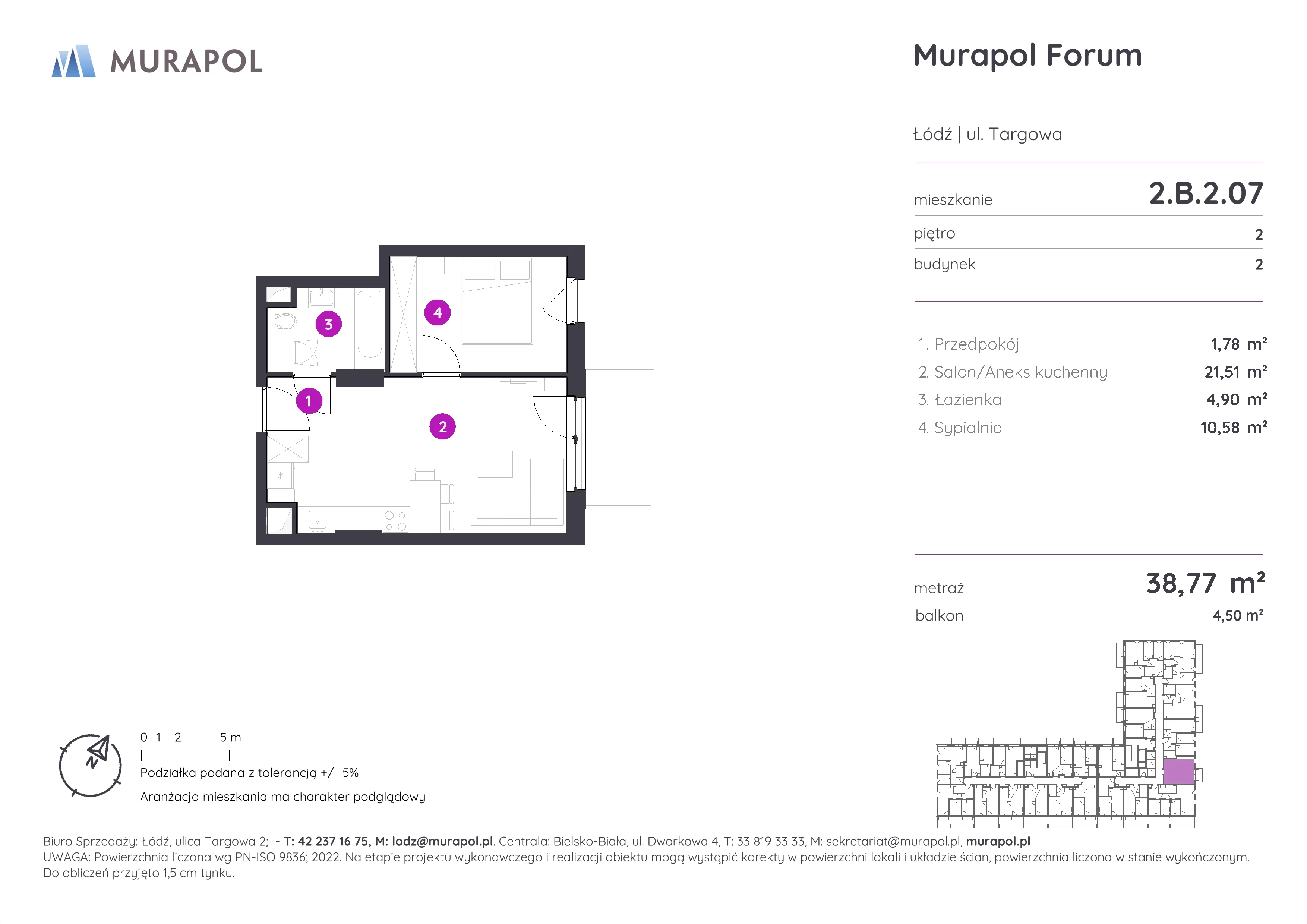 2 pokoje, mieszkanie 38,77 m², piętro 2, oferta nr 2.B.2.07, Murapol Forum, Łódź, Śródmieście, ul. Targowa