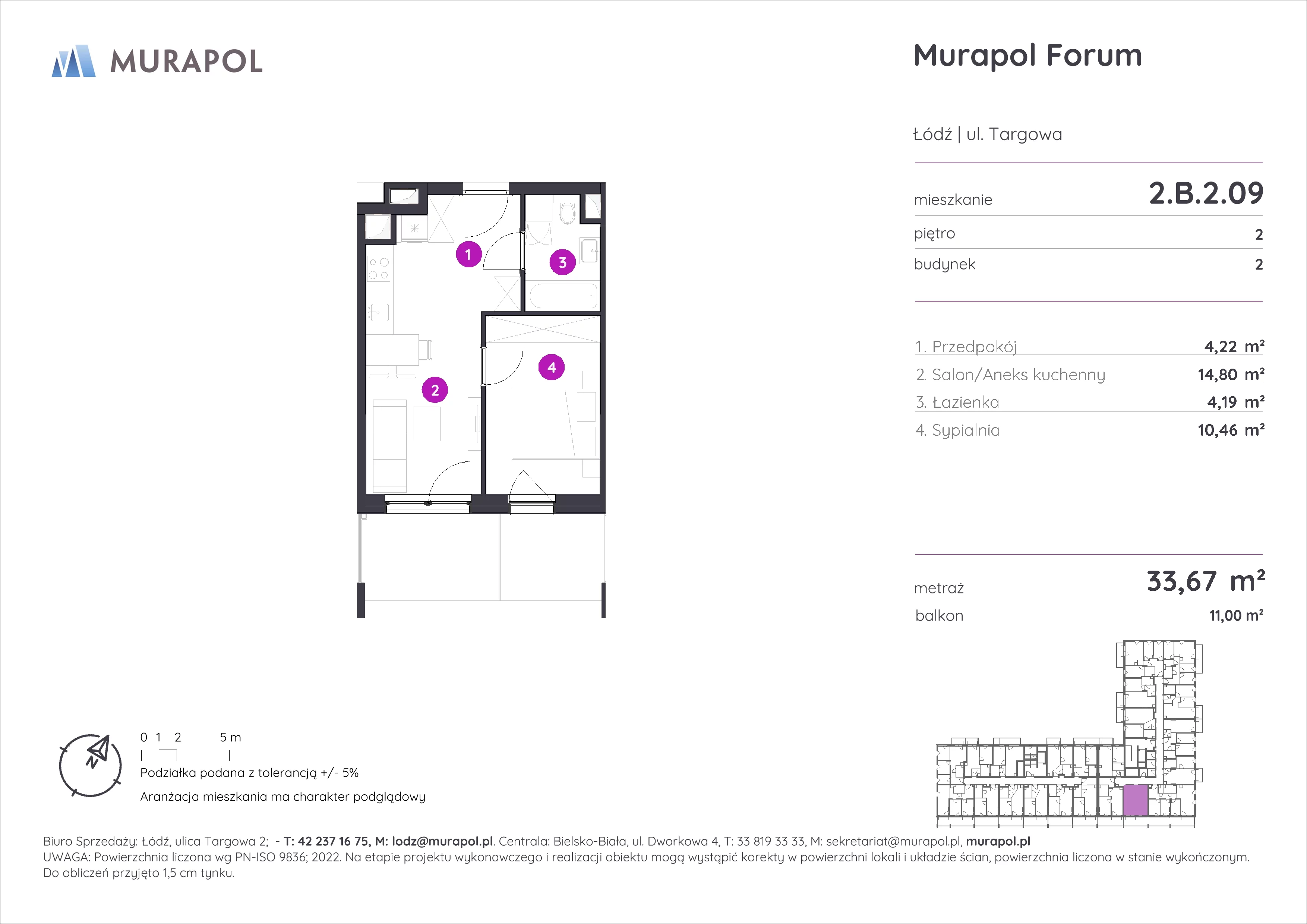 2 pokoje, mieszkanie 33,67 m², piętro 2, oferta nr 2.B.2.09, Murapol Forum, Łódź, Śródmieście, ul. Targowa
